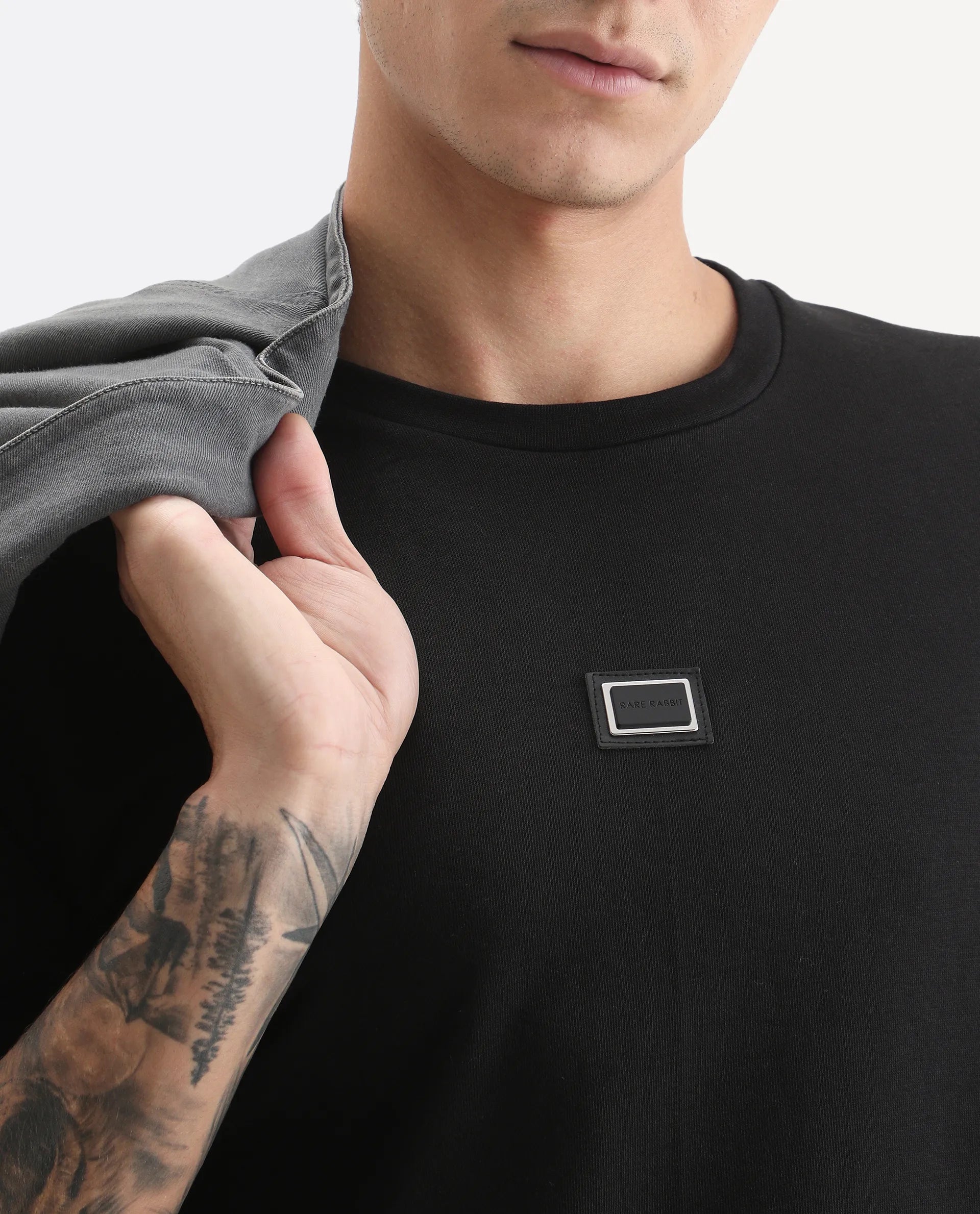 Rare Rabbit Men's Glitch Black Cotton Plain Regular Fit Full Sleeve Crew Neck Sweatshirt