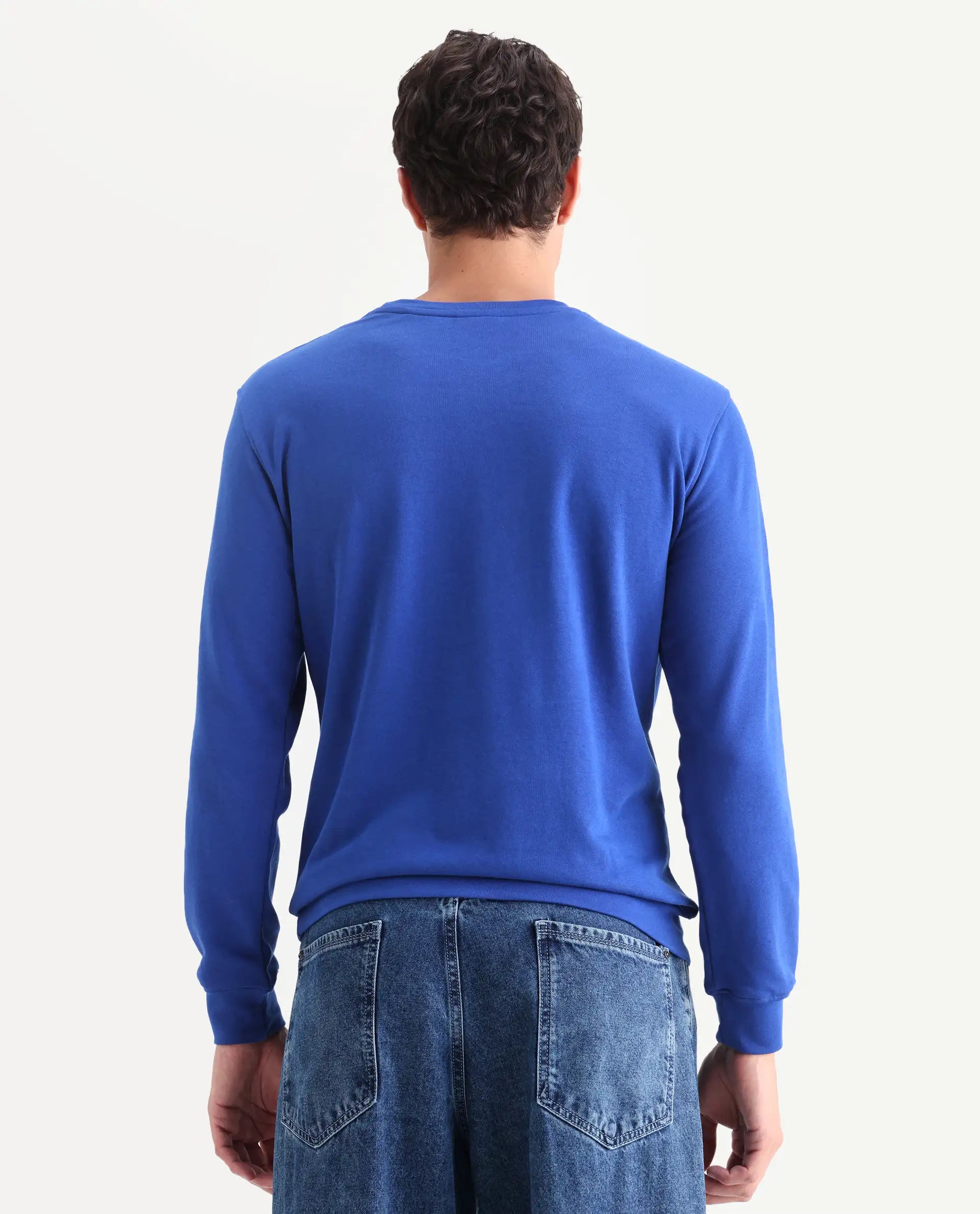 Rare Rabbit Men's Brewet Flouroscent Blue Cotton Graphic Print Regular Fit Full Sleeve Crew Neck Sweatshirt
