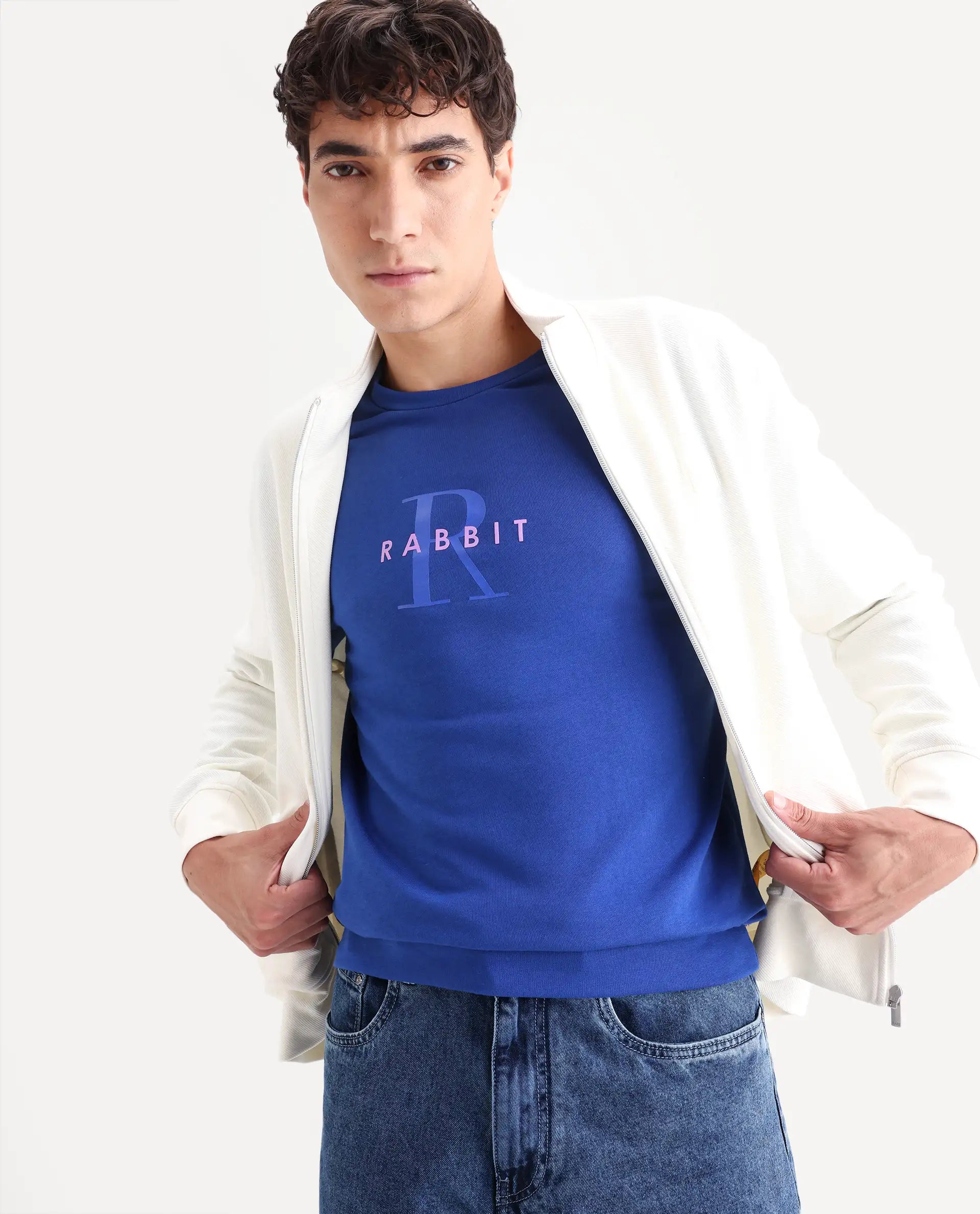 Rare Rabbit Men's Brewet Flouroscent Blue Cotton Graphic Print Regular Fit Full Sleeve Crew Neck Sweatshirt