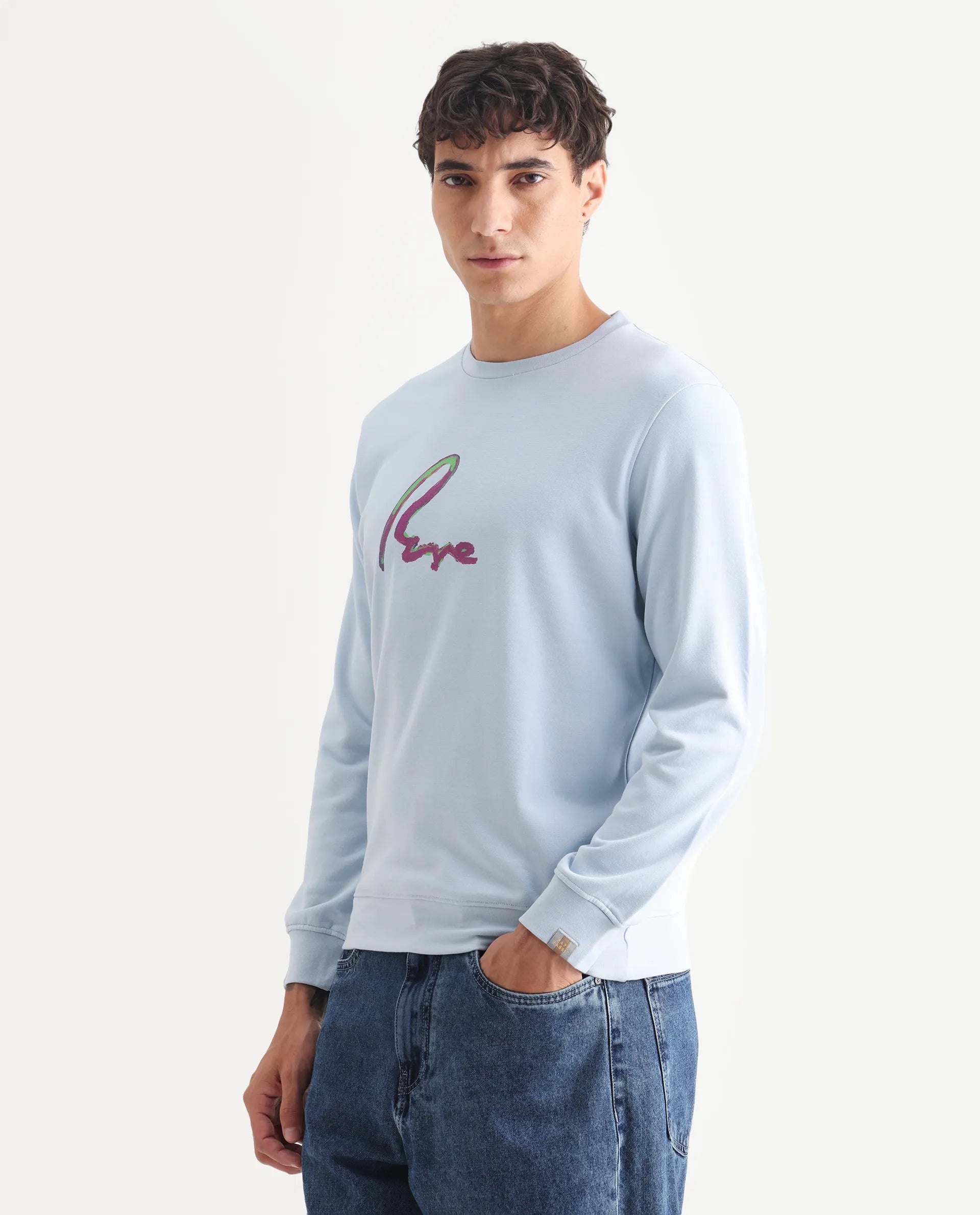 Rare Rabbit Men's Toon Light Blue Cotton Graphic Print Regular Fit Full Sleeve Crew Neck Sweatshirt