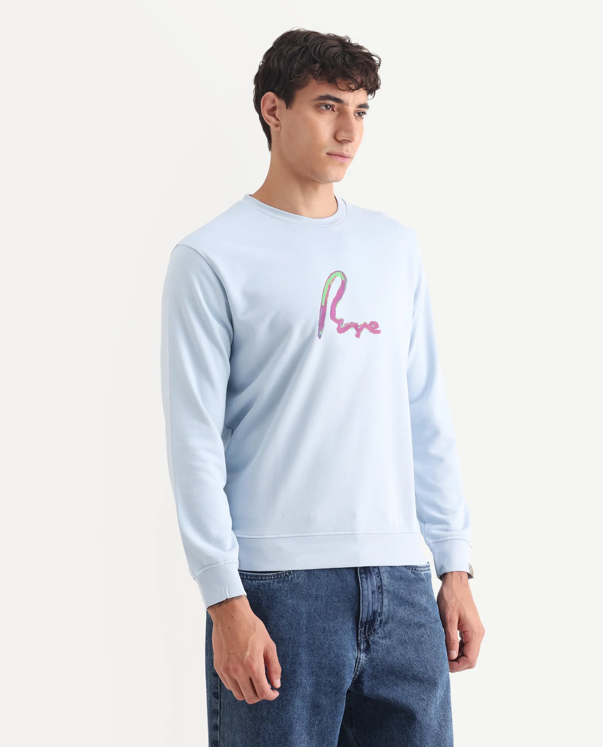 Rare Rabbit Men's Toon Light Blue Cotton Graphic Print Regular Fit Full Sleeve Crew Neck Sweatshirt