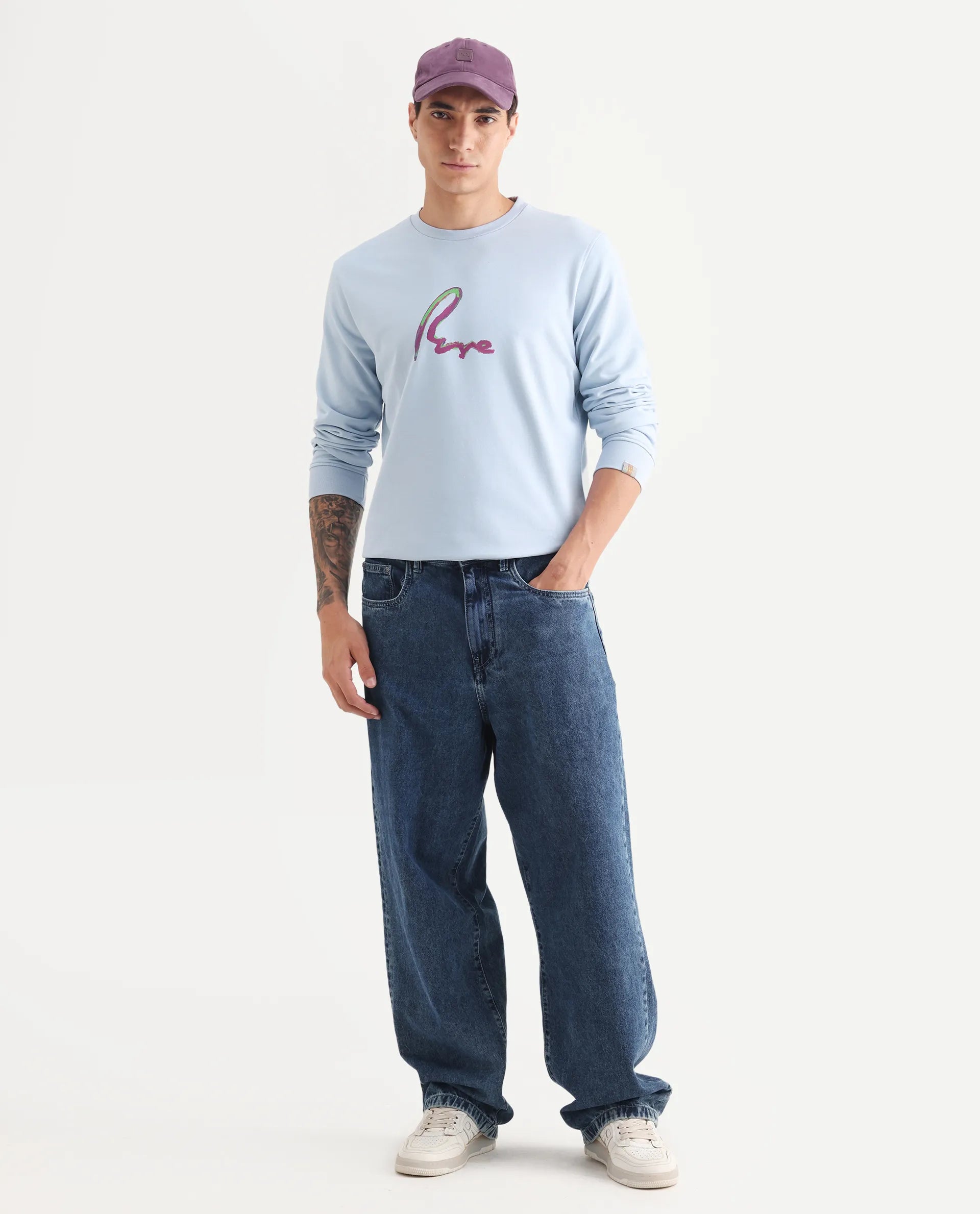 Rare Rabbit Men's Toon Light Blue Cotton Graphic Print Regular Fit Full Sleeve Crew Neck Sweatshirt