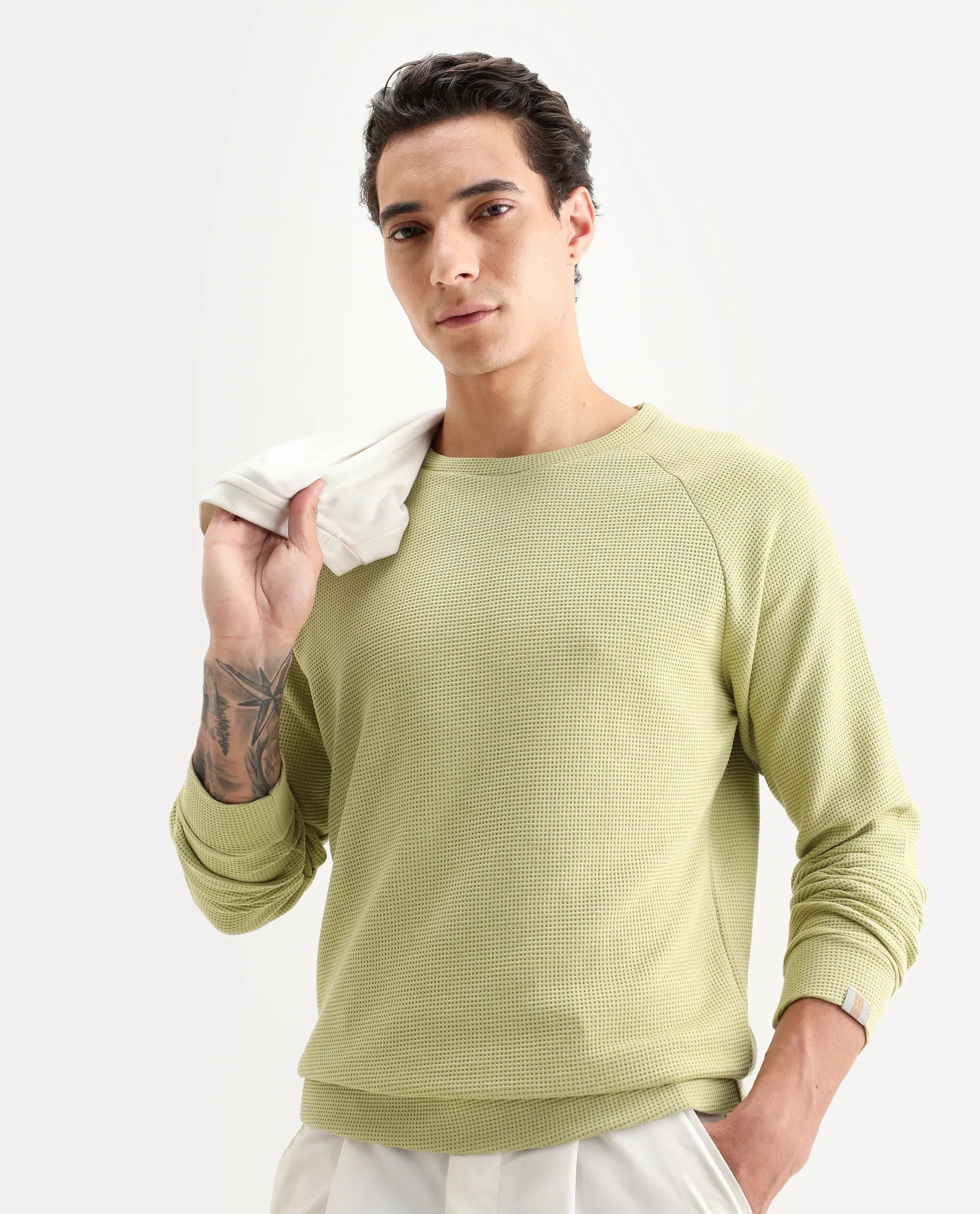 Rare Rabbit Men's Sven Pastel Green Cotton Plain Regular Fit Full Sleeve Crew Neck Sweatshirt