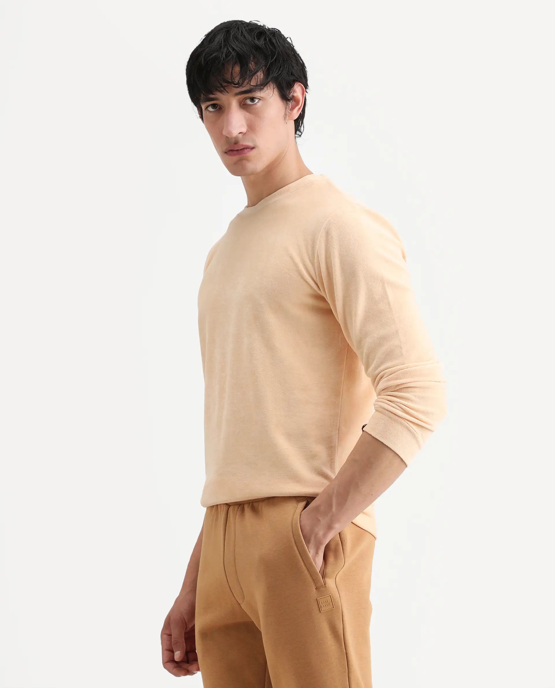 Rare Rabbit Men's Dube Yellow Cotton Plain Relaxed Fit Full Sleeve Crew Neck Sweatshirt