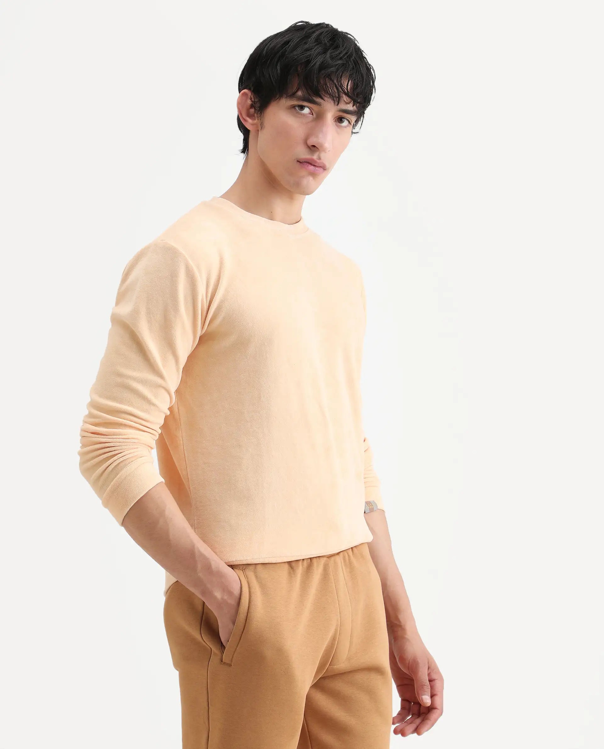 Rare Rabbit Men's Dube Yellow Cotton Plain Relaxed Fit Full Sleeve Crew Neck Sweatshirt