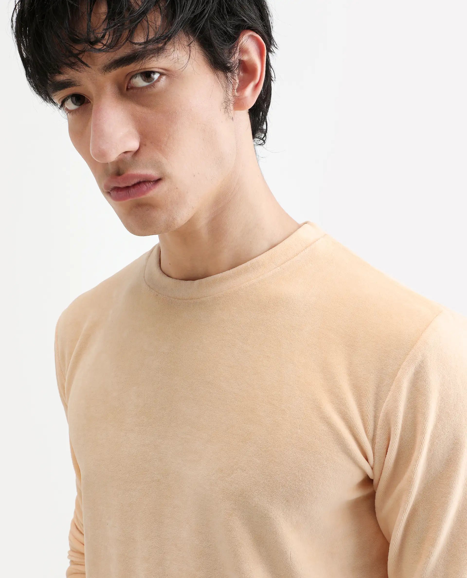 Rare Rabbit Men's Dube Yellow Cotton Plain Relaxed Fit Full Sleeve Crew Neck Sweatshirt
