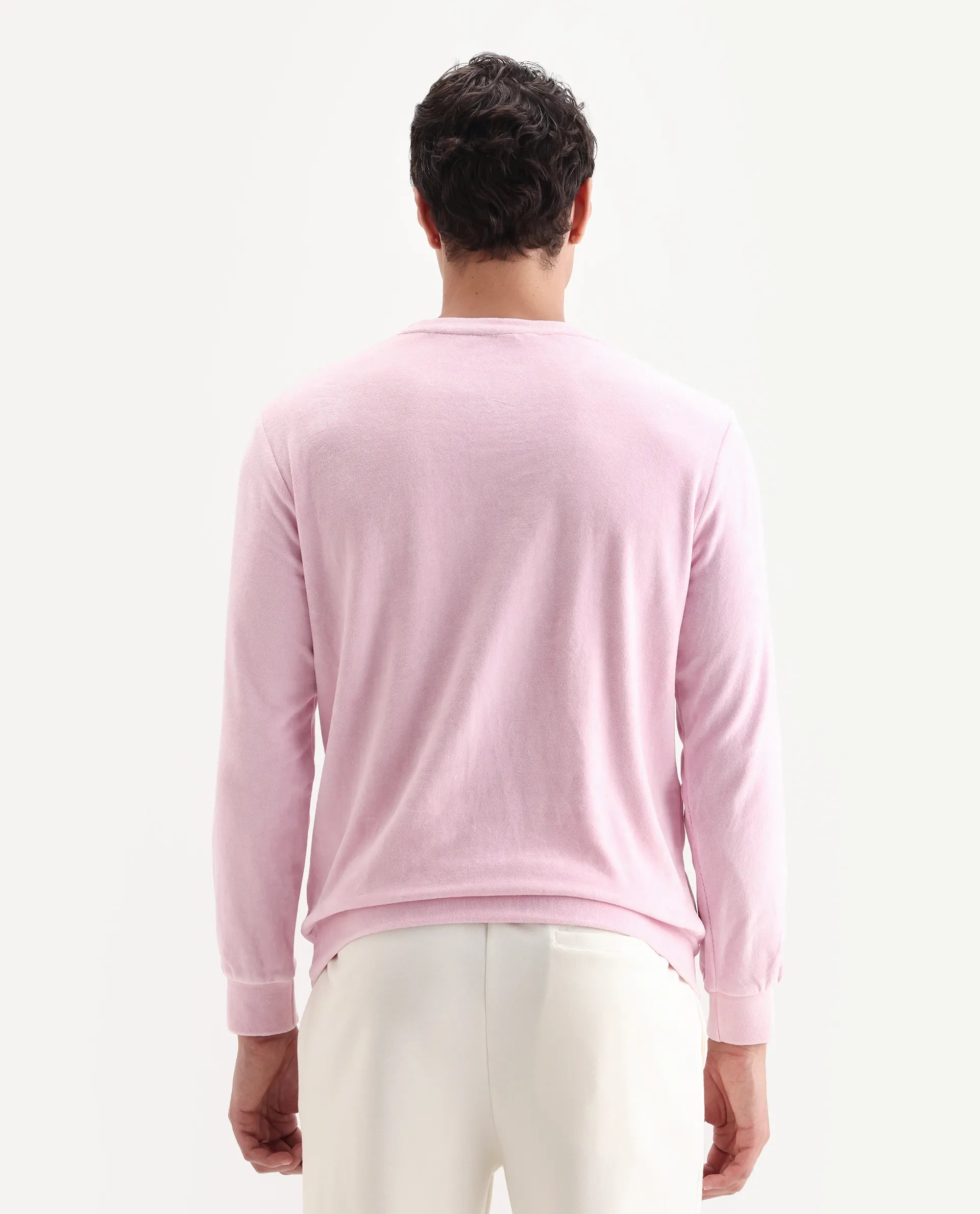 Rare Rabbit Men's Dube Pink Velvet Plain Relaxed Fit Full Sleeve Crew Neck Sweatshirt
