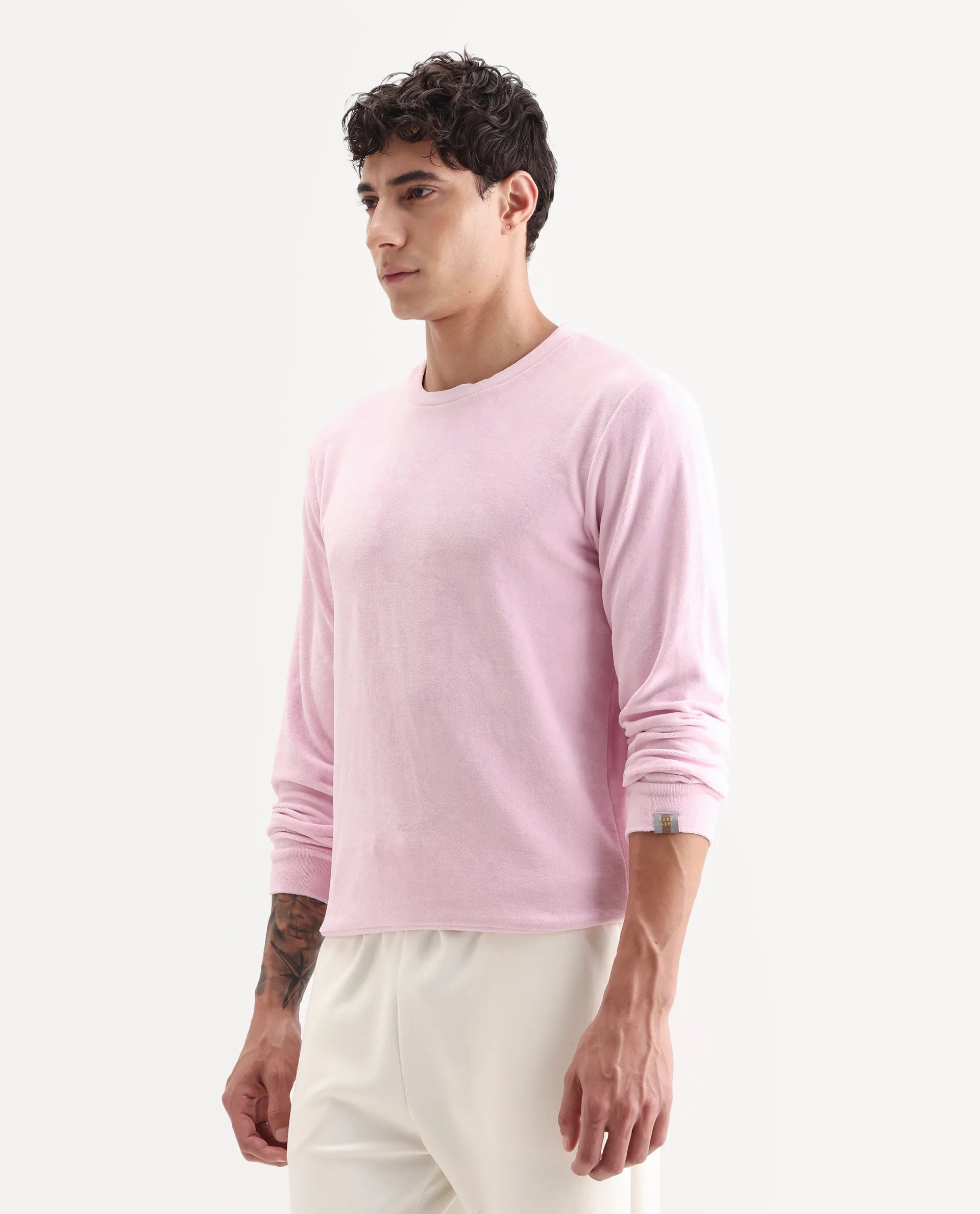 Rare Rabbit Men's Dube Pink Velvet Plain Relaxed Fit Full Sleeve Crew Neck Sweatshirt