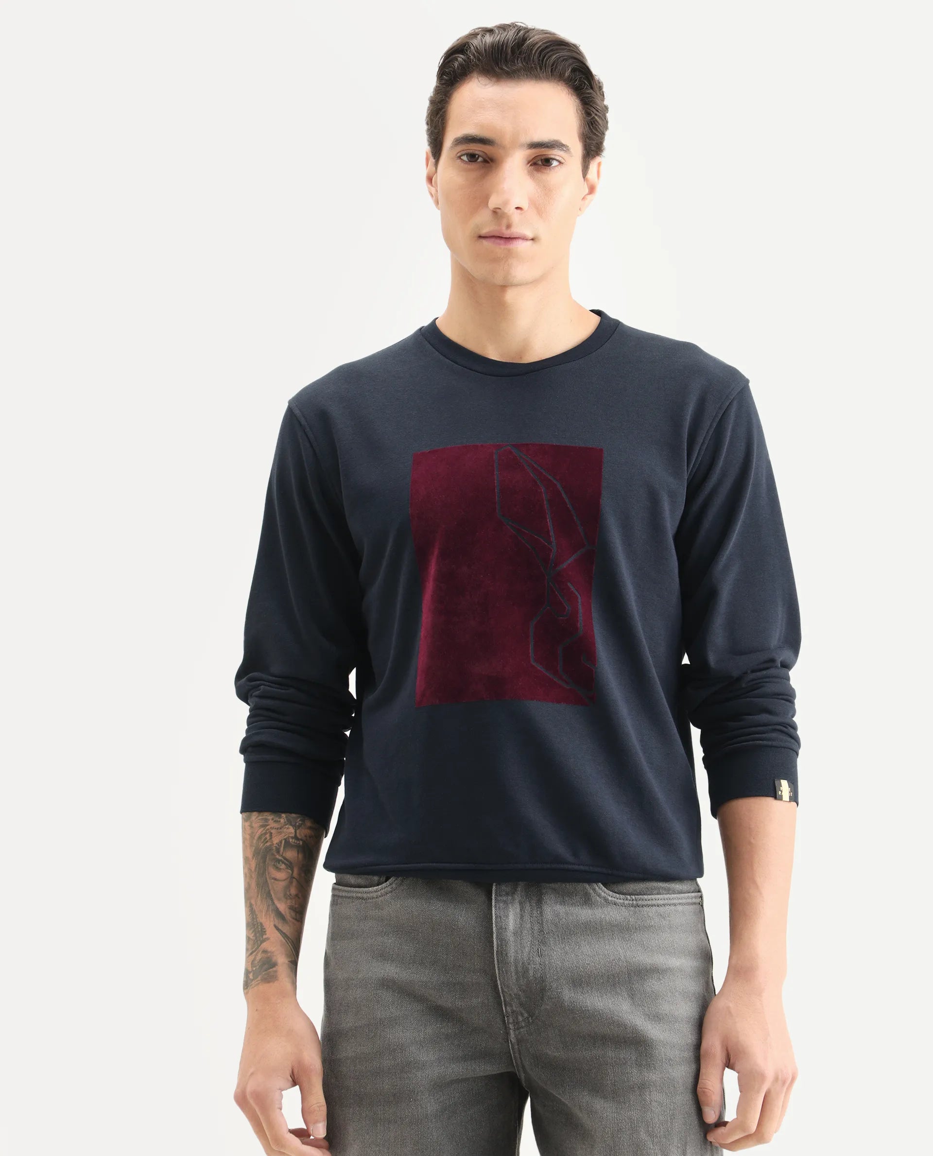 Rare Rabbit Men's Velot Navy Velvet Graphic Print Regular Fit Full Sleeve Crew Neck Sweatshirt
