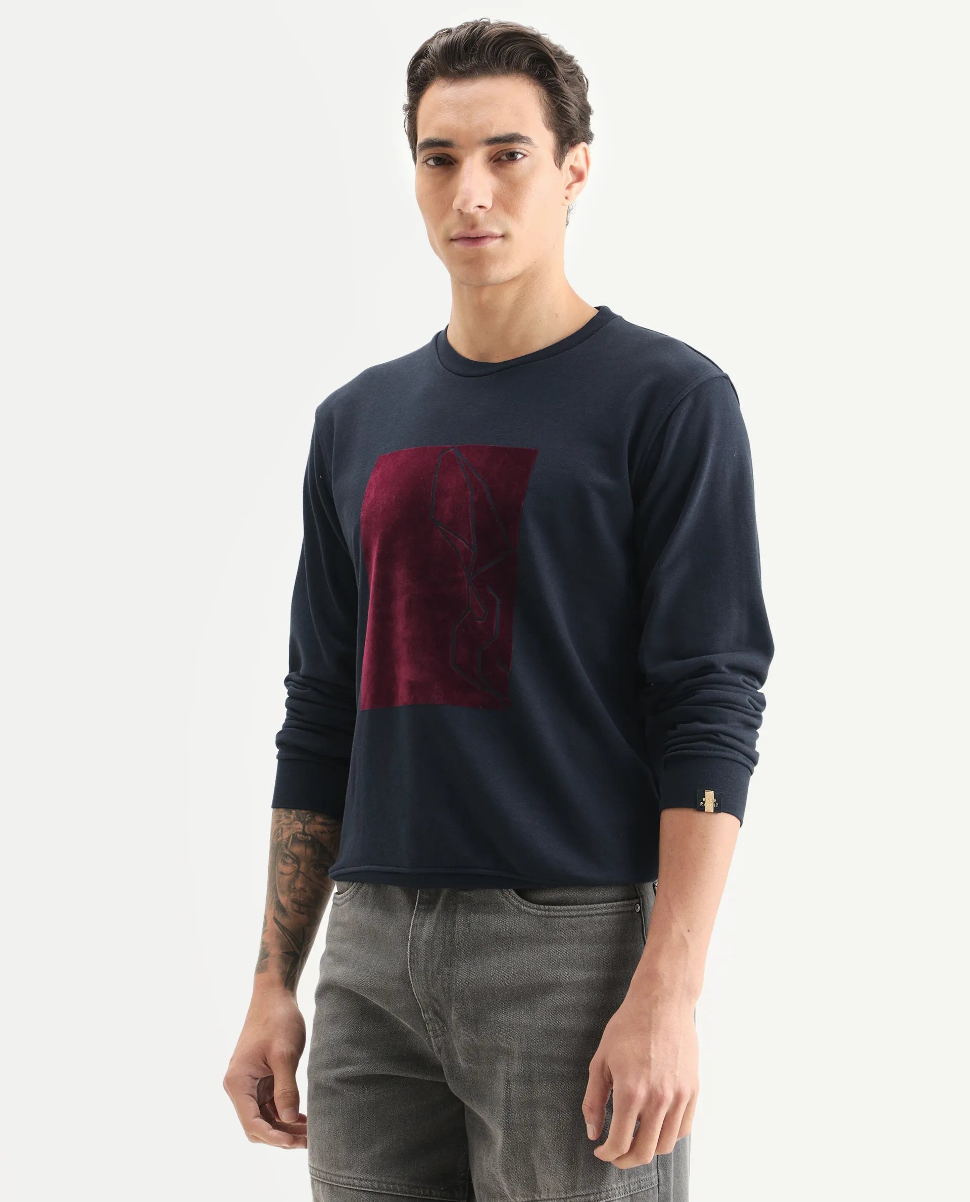 Rare Rabbit Men's Velot Navy Velvet Graphic Print Regular Fit Full Sleeve Crew Neck Sweatshirt