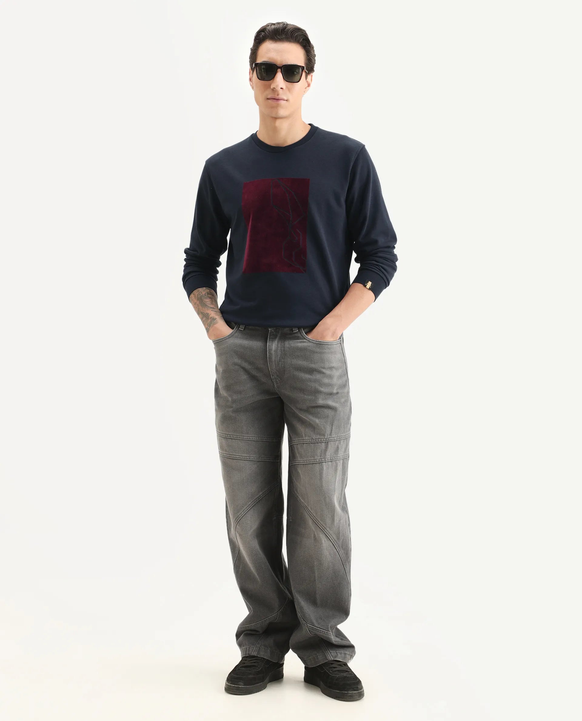 Rare Rabbit Men's Velot Navy Velvet Graphic Print Regular Fit Full Sleeve Crew Neck Sweatshirt