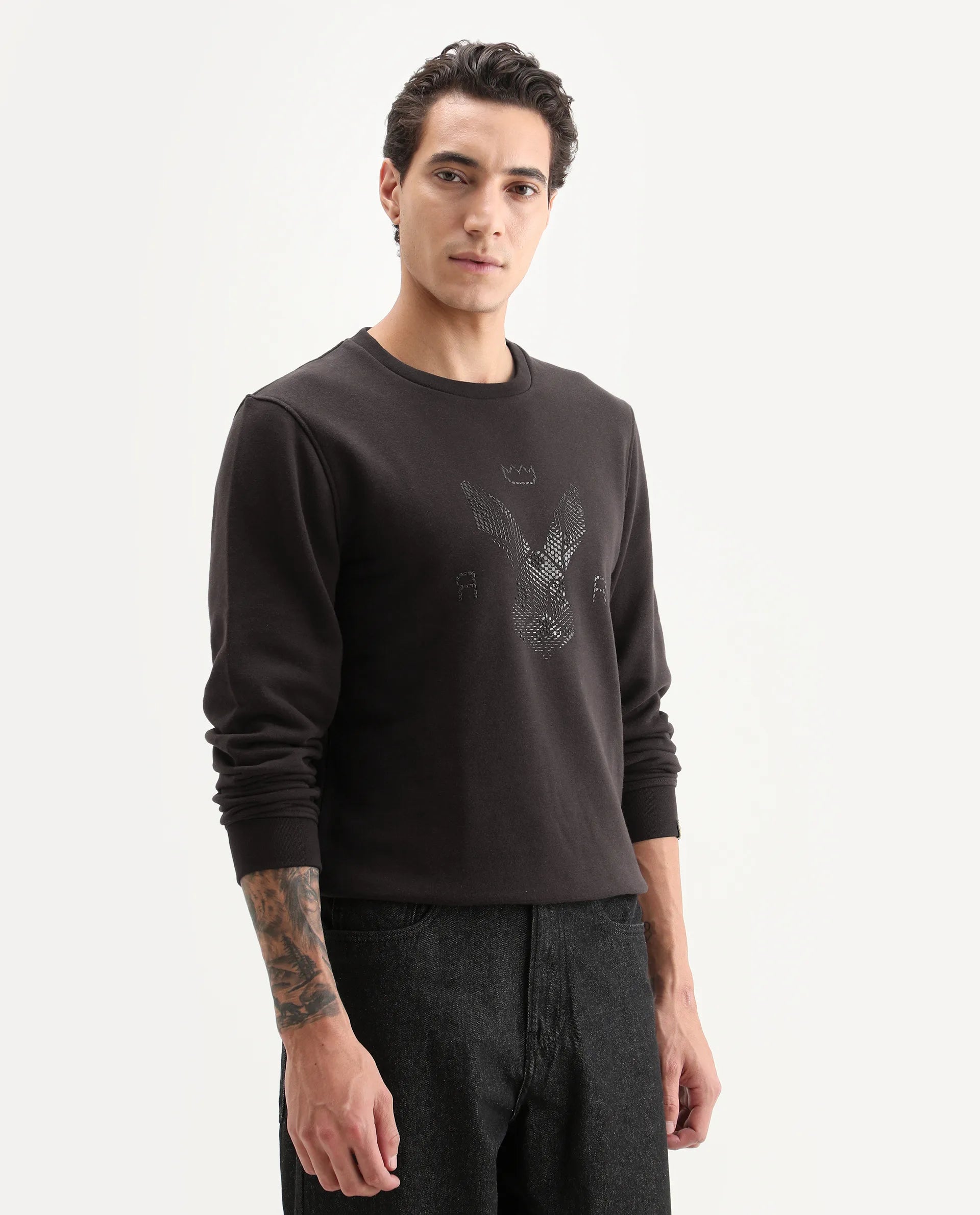 Rare Rabbit Men's Voir Dark Maroon Cotton Graphic Print Regular Fit Full Sleeve Crew Neck Sweatshirt