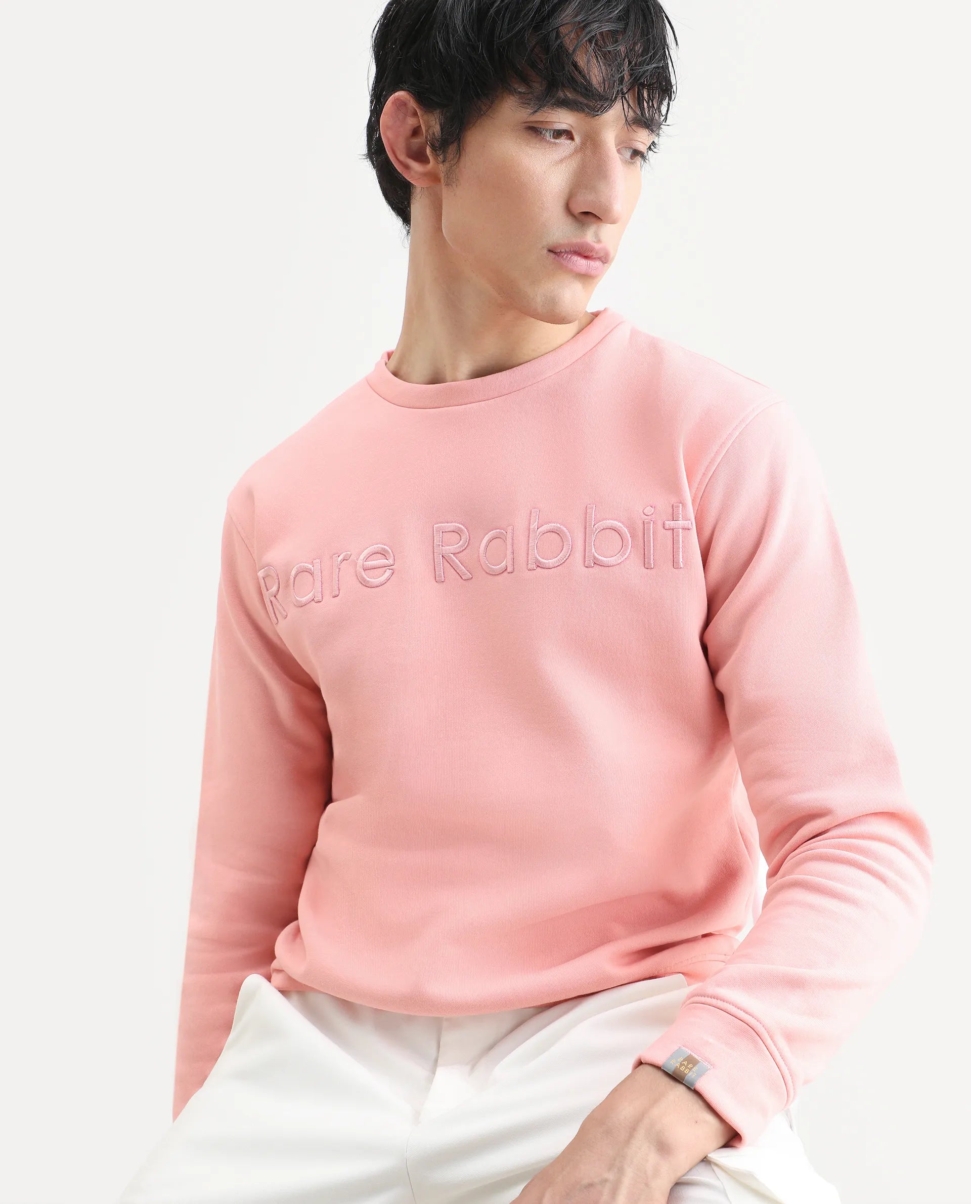 Rare Rabbit Men's Oranj Orange Cotton Embroidered Relaxed Fit Full Sleeve Crew Neck Sweatshirt