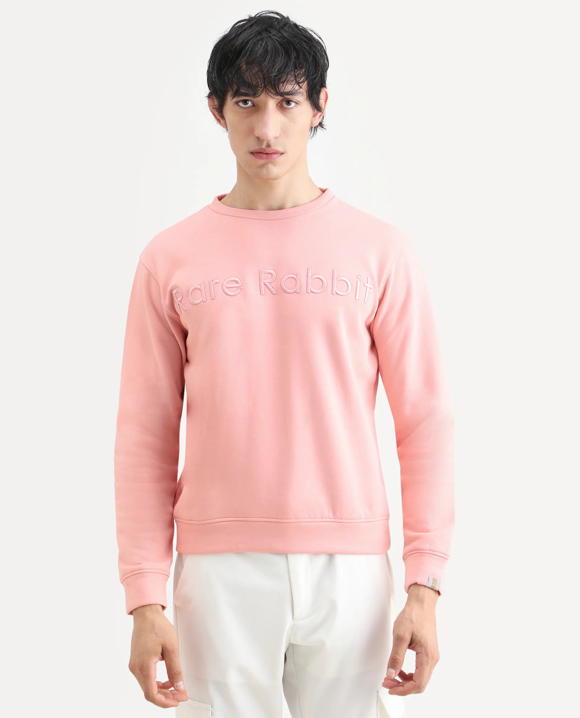 Rare Rabbit Men's Oranj Orange Cotton Embroidered Relaxed Fit Full Sleeve Crew Neck Sweatshirt