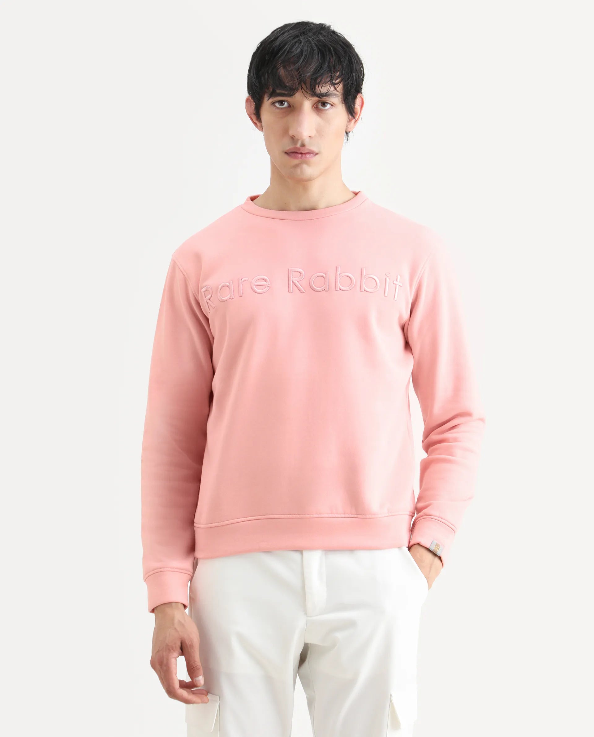 Rare Rabbit Men's Oranj Orange Cotton Embroidered Relaxed Fit Full Sleeve Crew Neck Sweatshirt