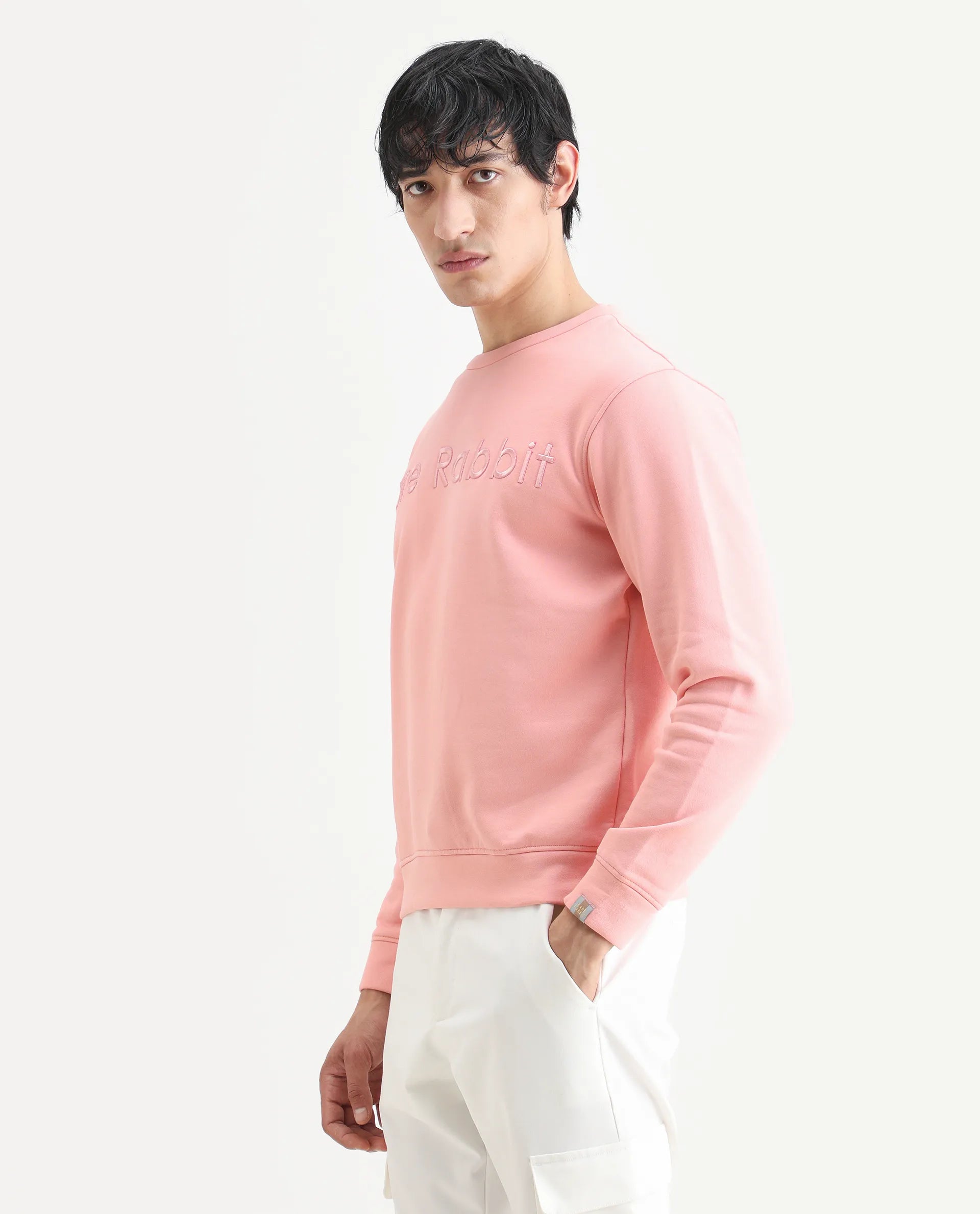 Rare Rabbit Men's Oranj Orange Cotton Embroidered Relaxed Fit Full Sleeve Crew Neck Sweatshirt