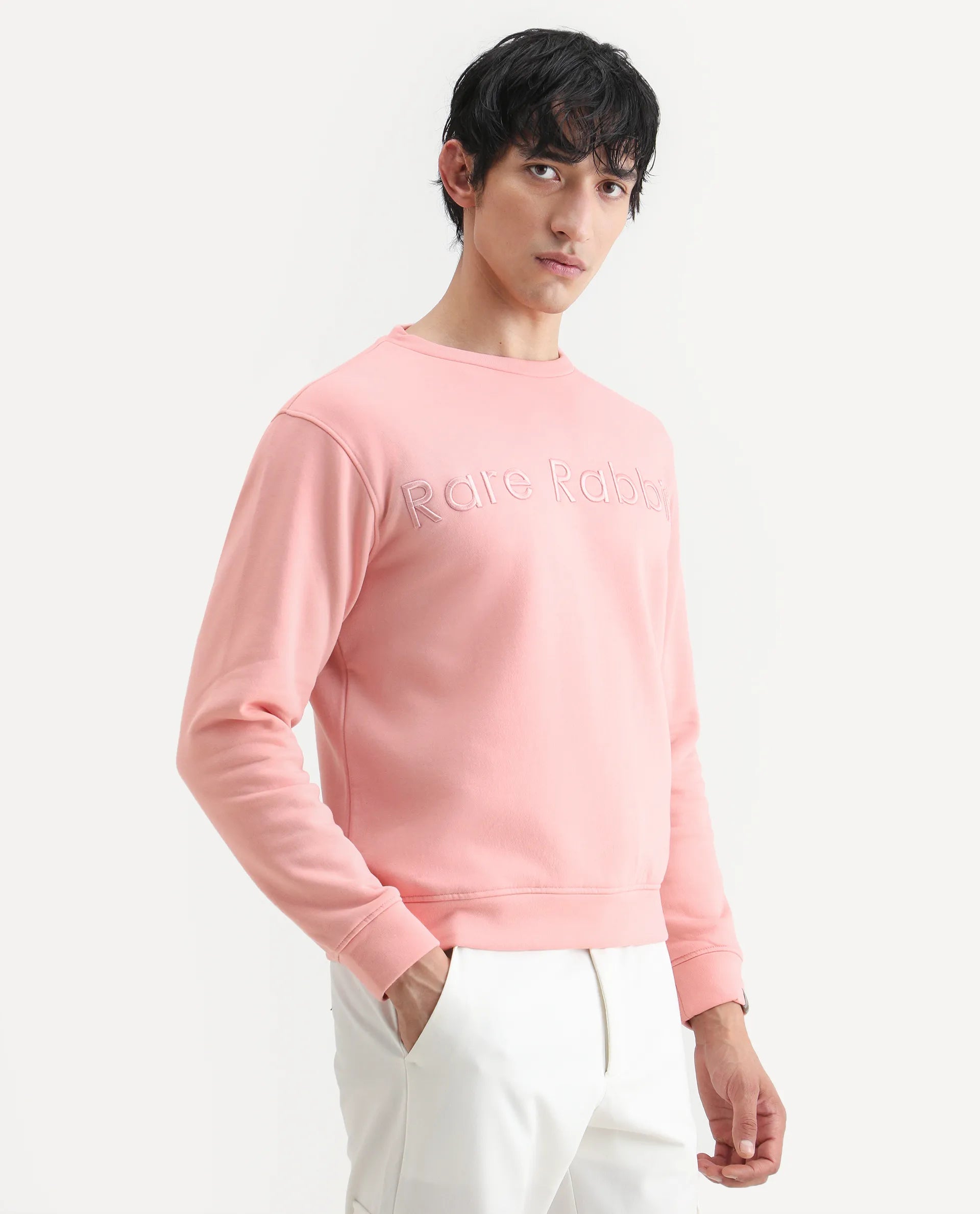 Rare Rabbit Men's Oranj Orange Cotton Embroidered Relaxed Fit Full Sleeve Crew Neck Sweatshirt