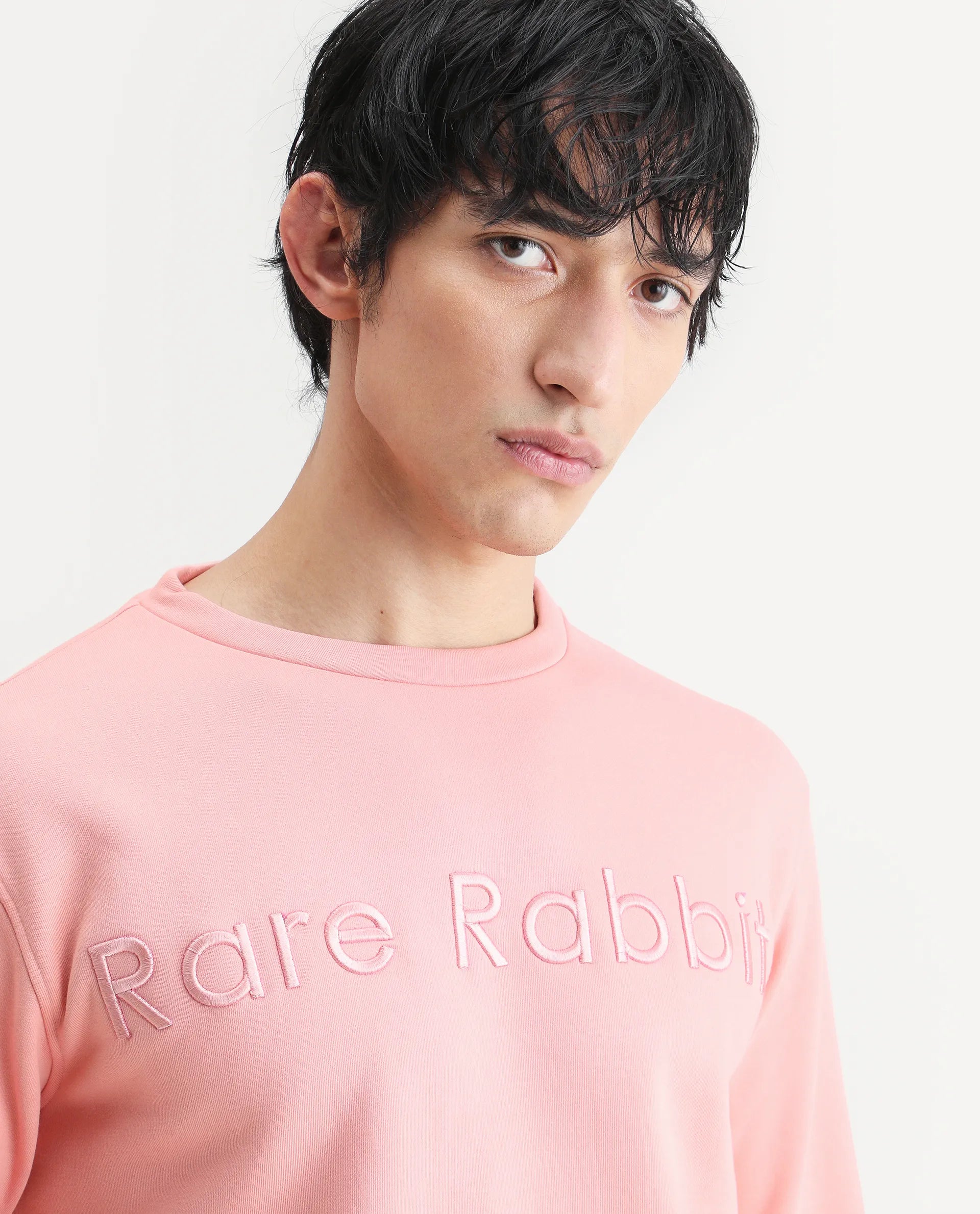 Rare Rabbit Men's Oranj Orange Cotton Embroidered Relaxed Fit Full Sleeve Crew Neck Sweatshirt