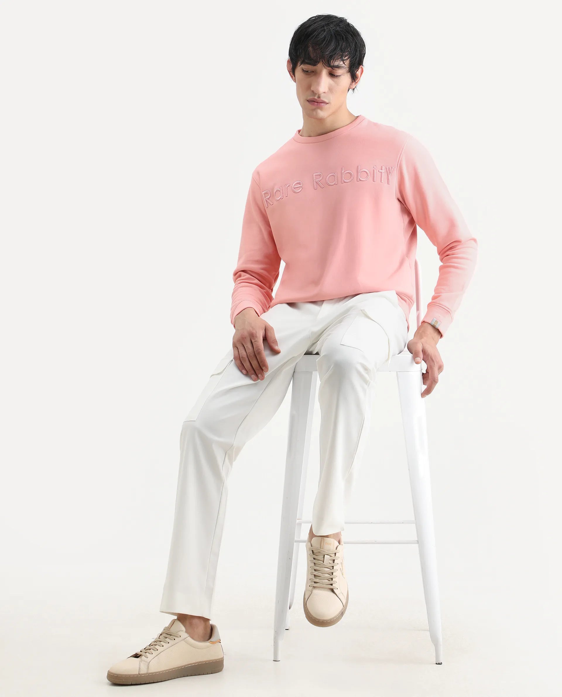 Rare Rabbit Men's Oranj Orange Cotton Embroidered Relaxed Fit Full Sleeve Crew Neck Sweatshirt