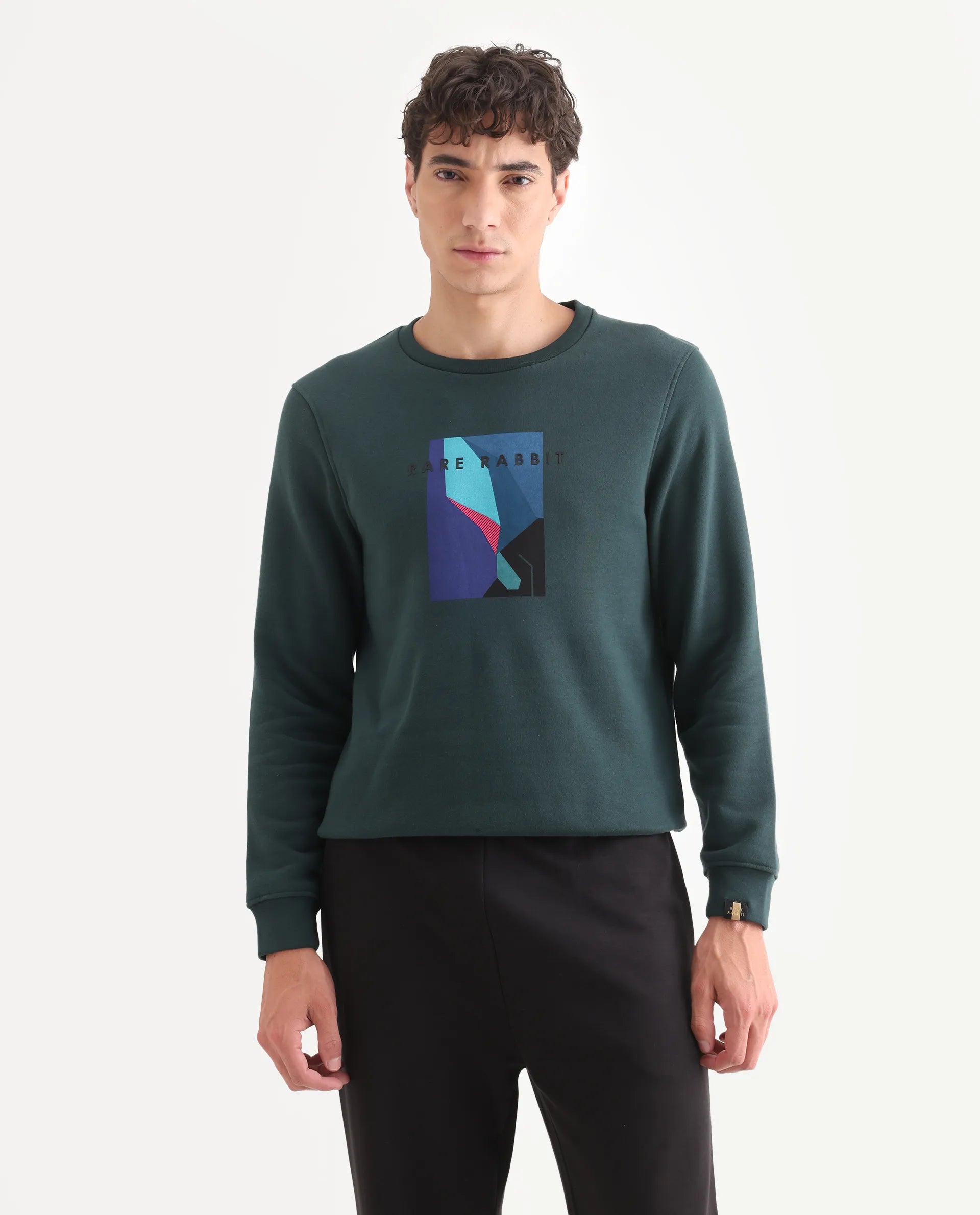 Rare Rabbit Men's Winfred Green Cotton Graphic Print Regular Fit Full Sleeve Crew Neck Sweatshirt