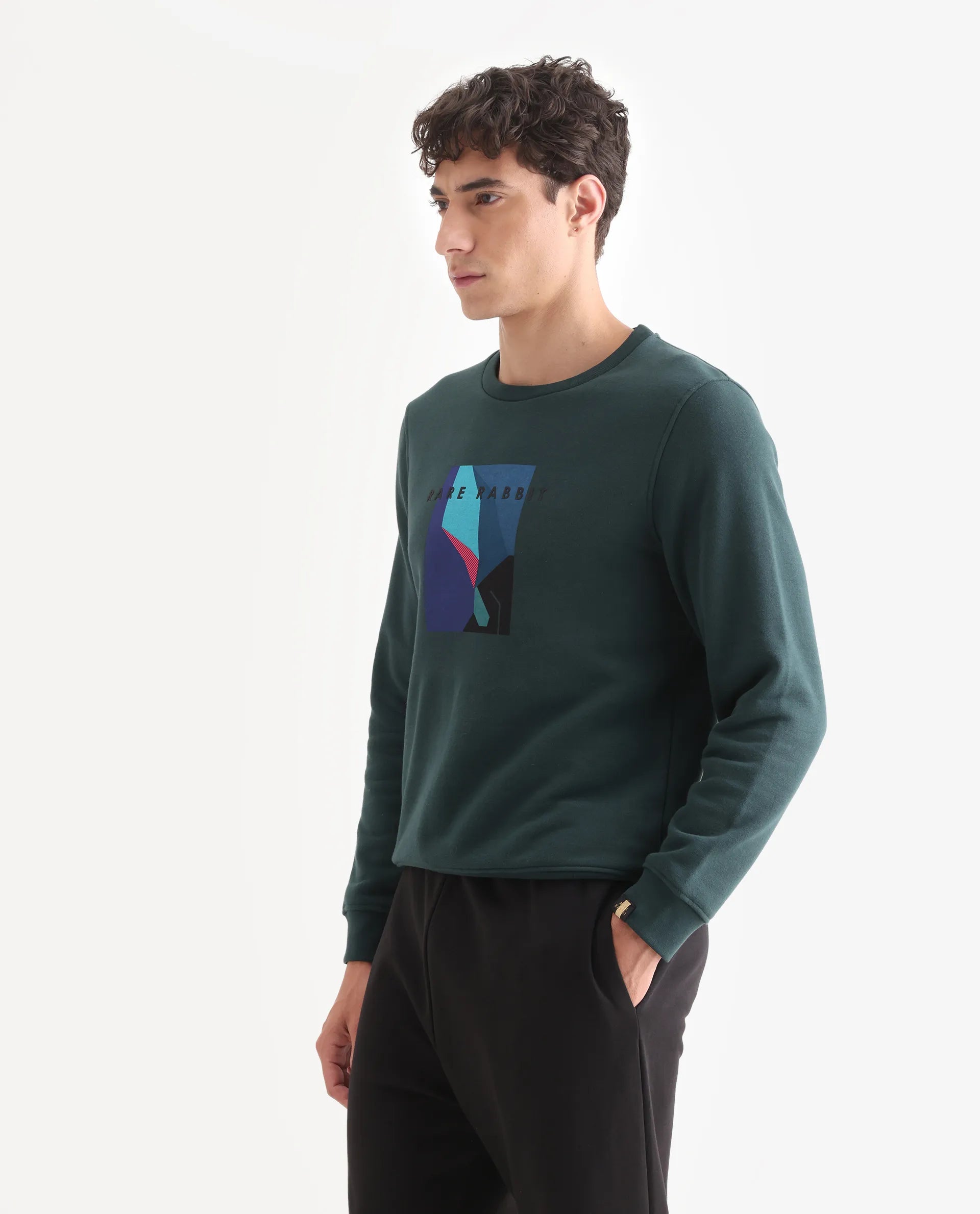 Rare Rabbit Men's Winfred Green Cotton Graphic Print Regular Fit Full Sleeve Crew Neck Sweatshirt