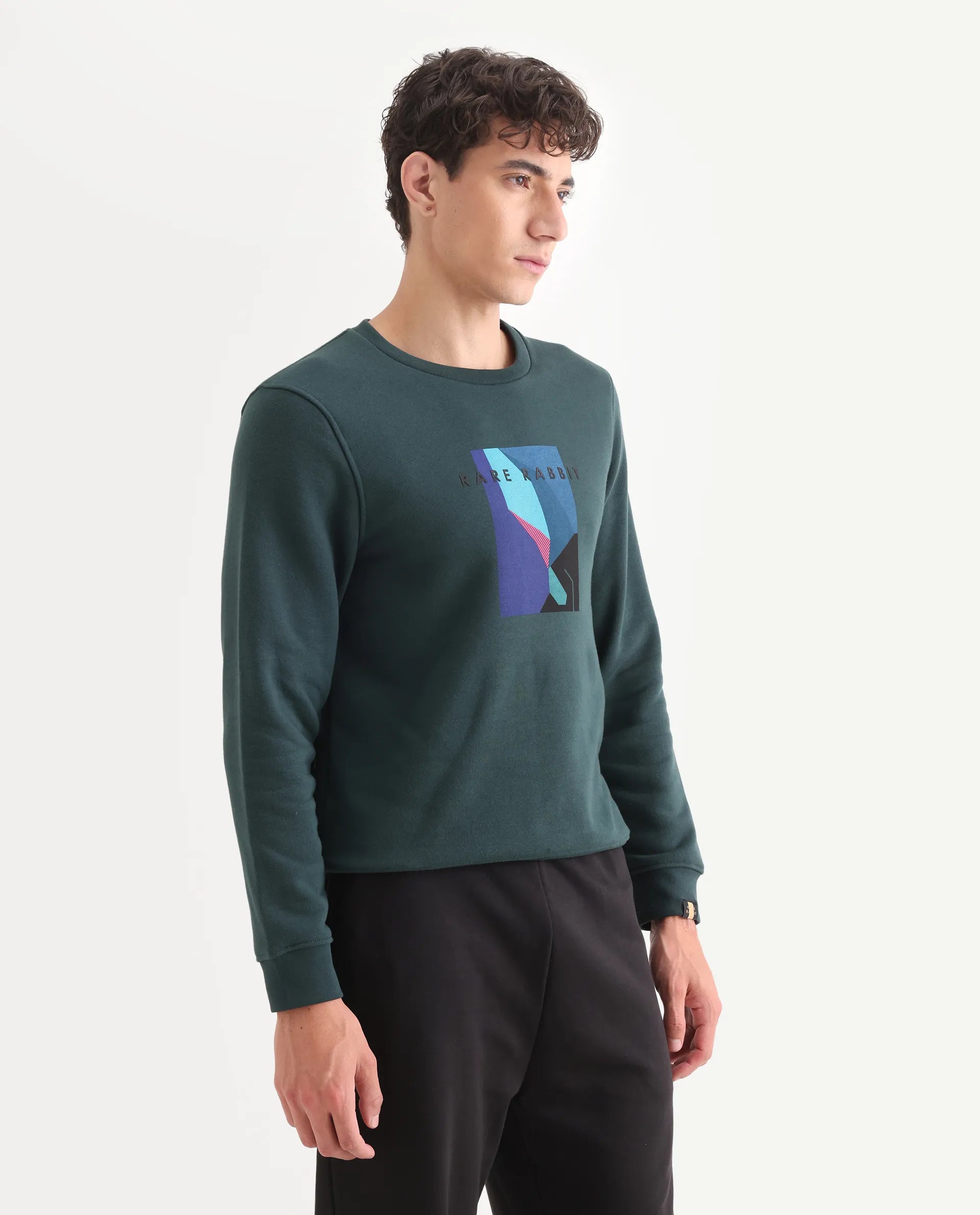 Rare Rabbit Men's Winfred Green Cotton Graphic Print Regular Fit Full Sleeve Crew Neck Sweatshirt