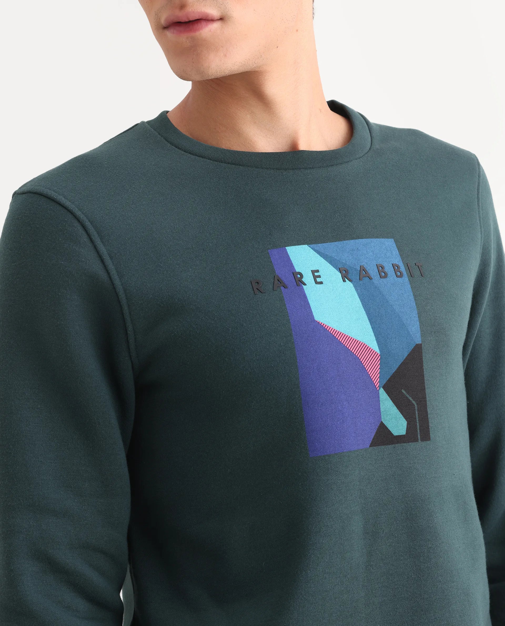 Rare Rabbit Men's Winfred Green Cotton Graphic Print Regular Fit Full Sleeve Crew Neck Sweatshirt