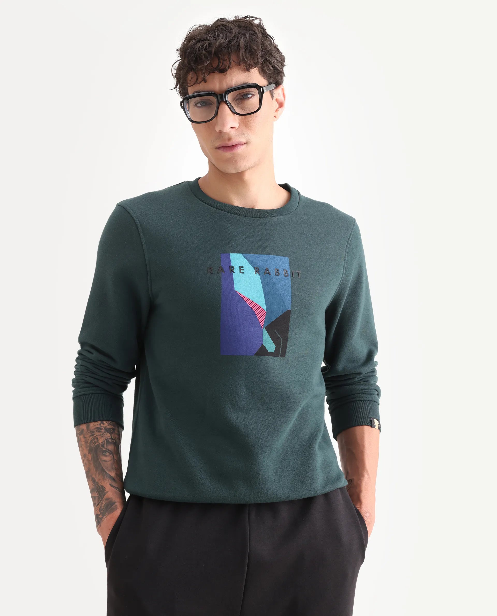 Rare Rabbit Men's Winfred Green Cotton Graphic Print Regular Fit Full Sleeve Crew Neck Sweatshirt
