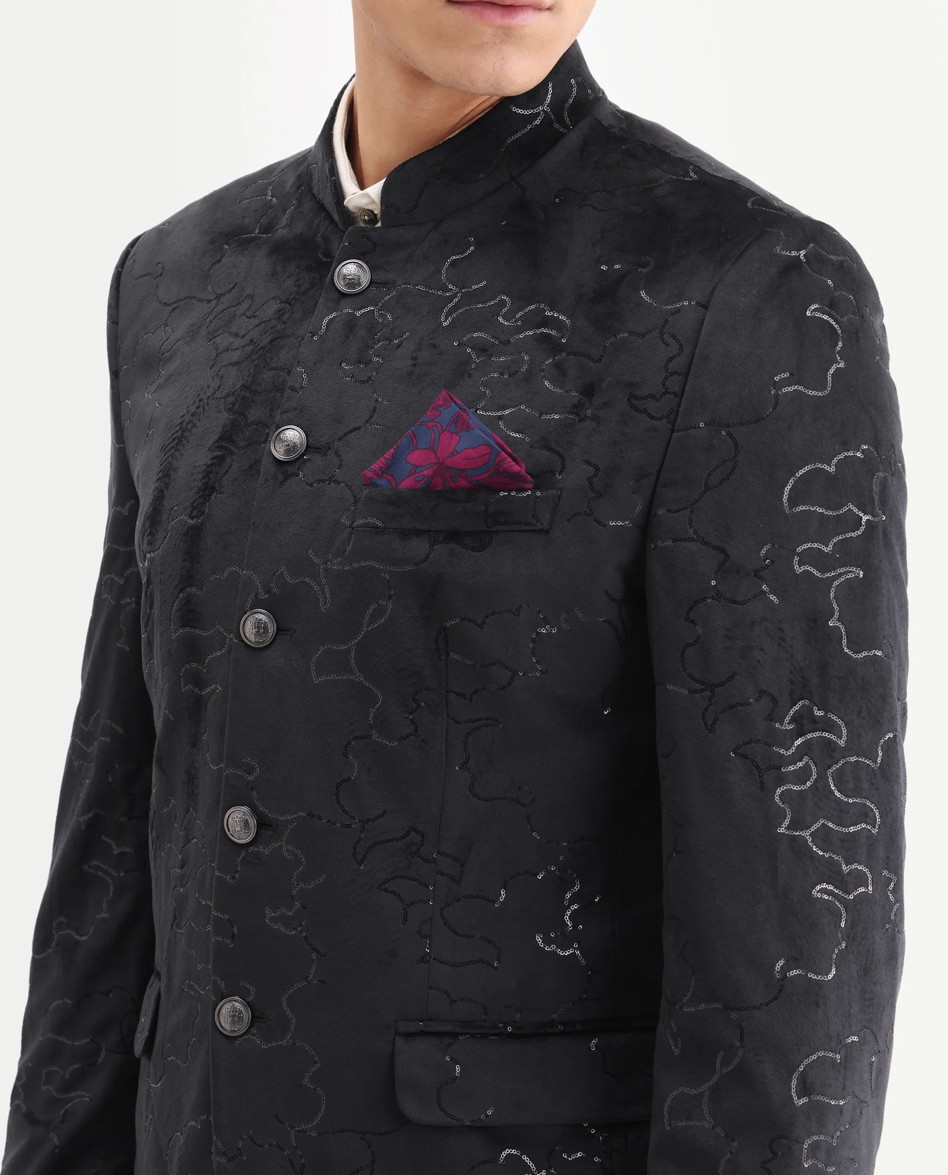 Rare Rabbit Men's Caldy Black Velvet Embellished Tailored Fit Full Sleeve Mandarin Collar Bandhgala