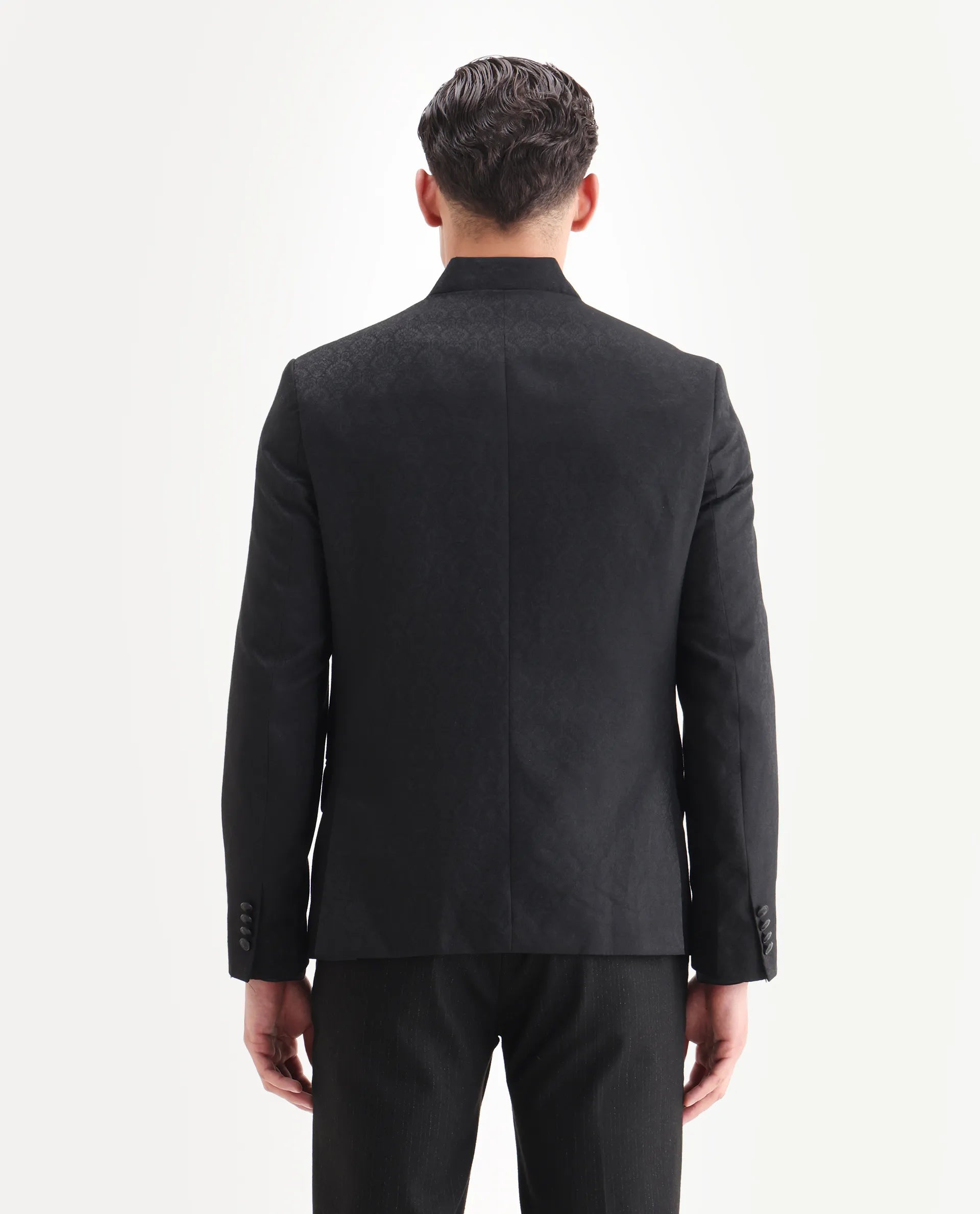 Rare Rabbit Men's Utica Black Polyester Jacquard Tailored Fit Full Sleeve Mandarin Collar Bandhgala