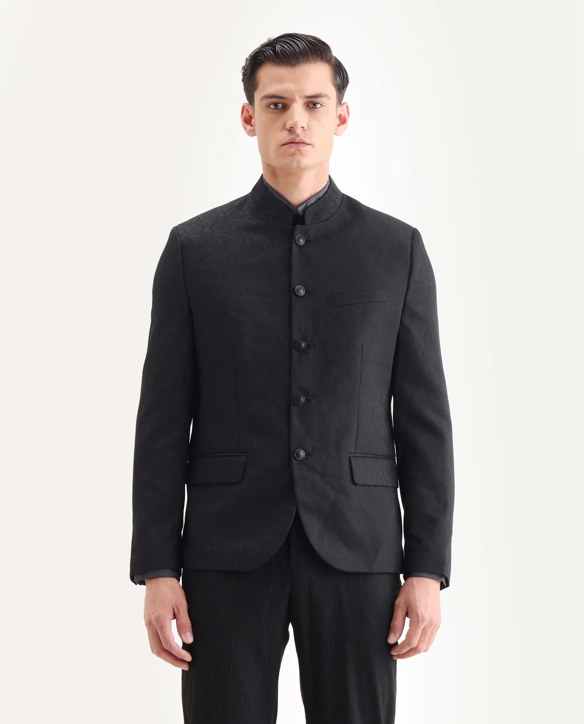 Rare Rabbit Men's Utica Black Polyester Jacquard Tailored Fit Full Sleeve Mandarin Collar Bandhgala