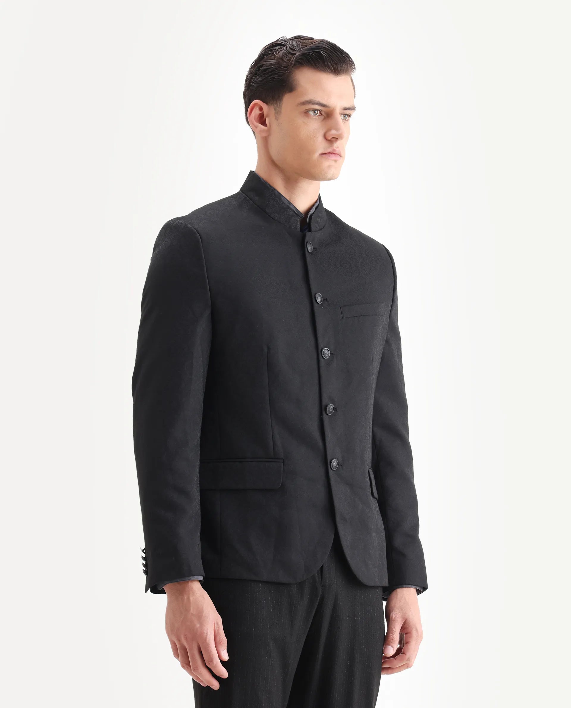 Rare Rabbit Men's Utica Black Polyester Jacquard Tailored Fit Full Sleeve Mandarin Collar Bandhgala