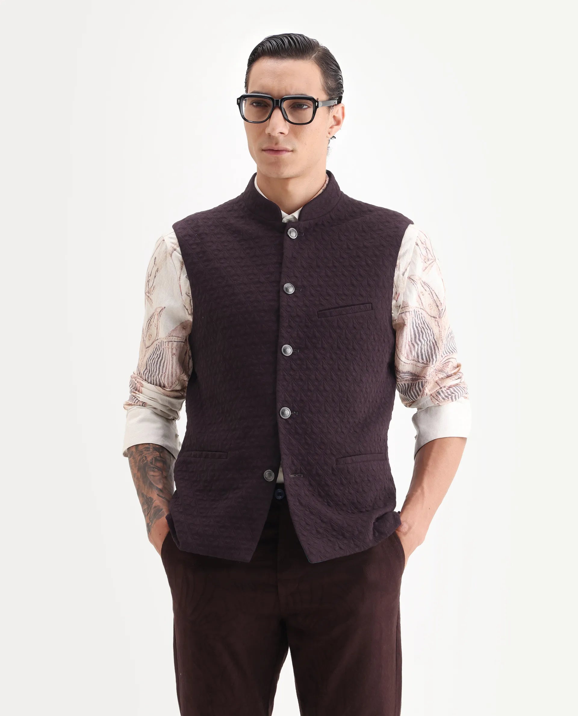 Rare Rabbit Men's Mitzi Dark Maroon Cotton Jacquard Tailored Fit Sleeveless Mandarin Collar Bandhgala