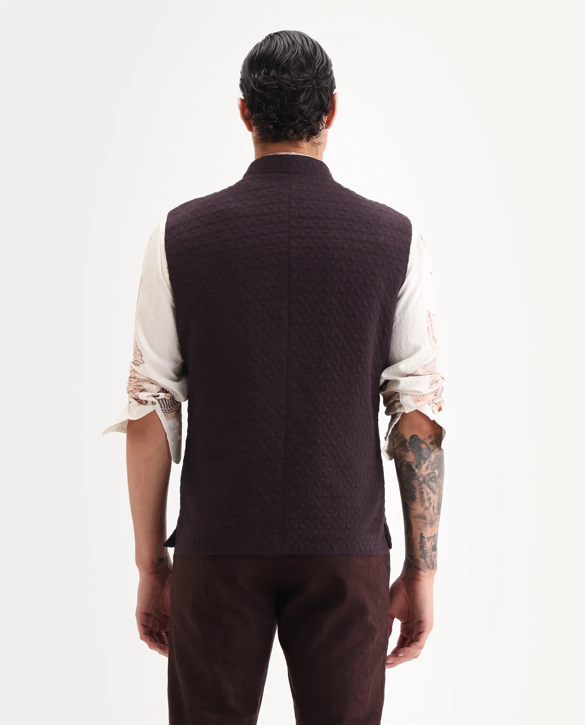 Rare Rabbit Men's Mitzi Dark Maroon Cotton Jacquard Tailored Fit Sleeveless Mandarin Collar Bandhgala