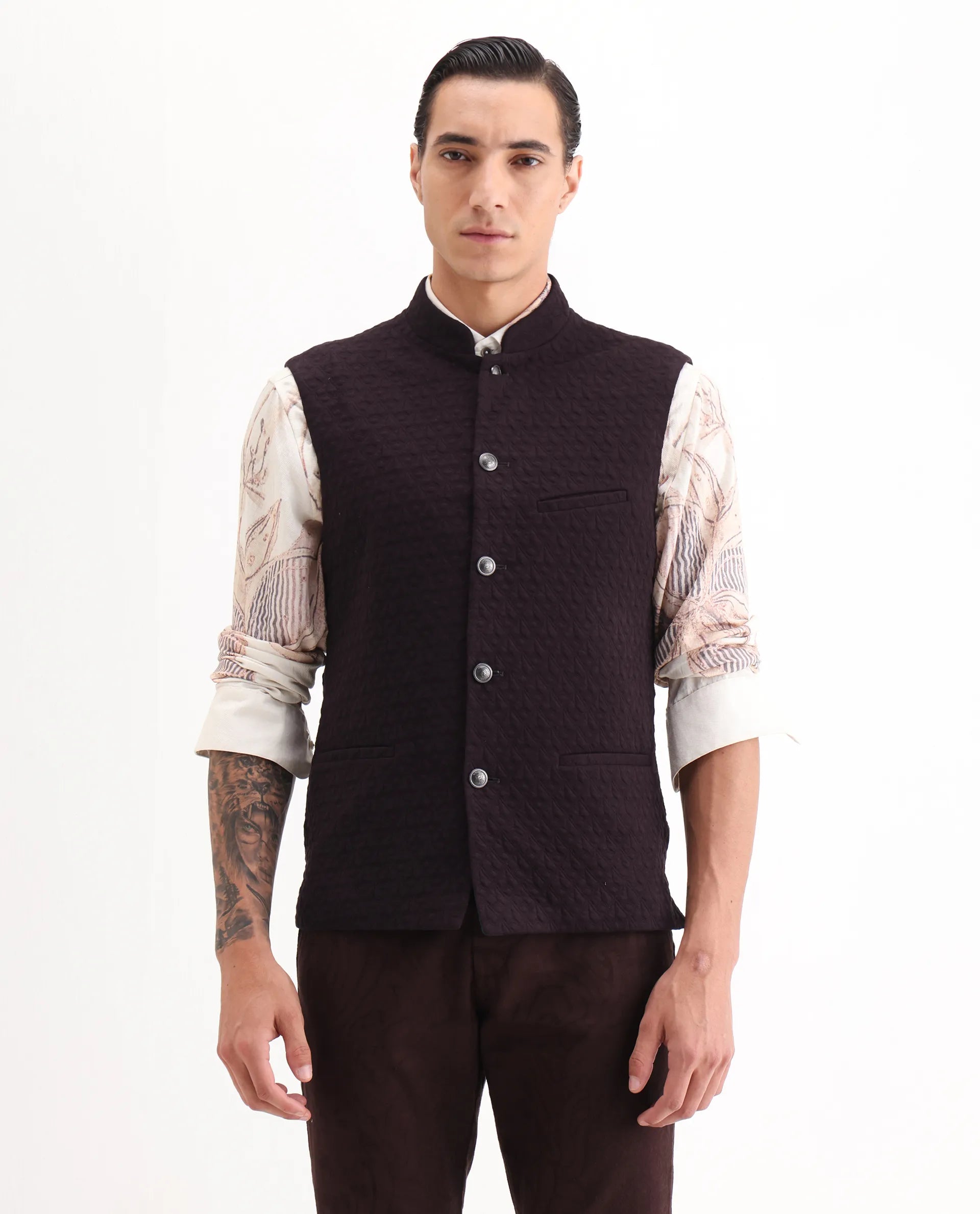 Rare Rabbit Men's Mitzi Dark Maroon Cotton Jacquard Tailored Fit Sleeveless Mandarin Collar Bandhgala