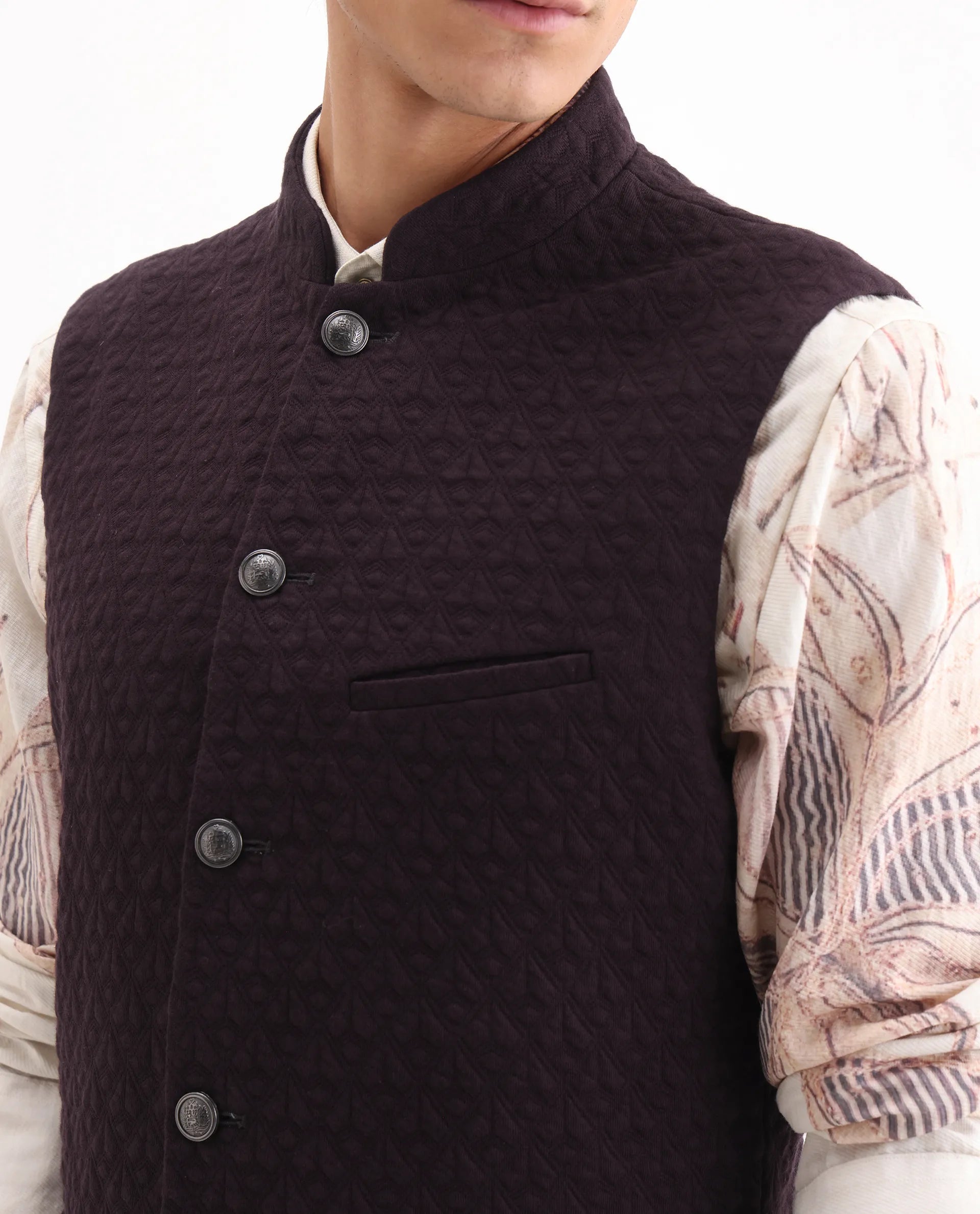 Rare Rabbit Men's Mitzi Dark Maroon Cotton Jacquard Tailored Fit Sleeveless Mandarin Collar Bandhgala