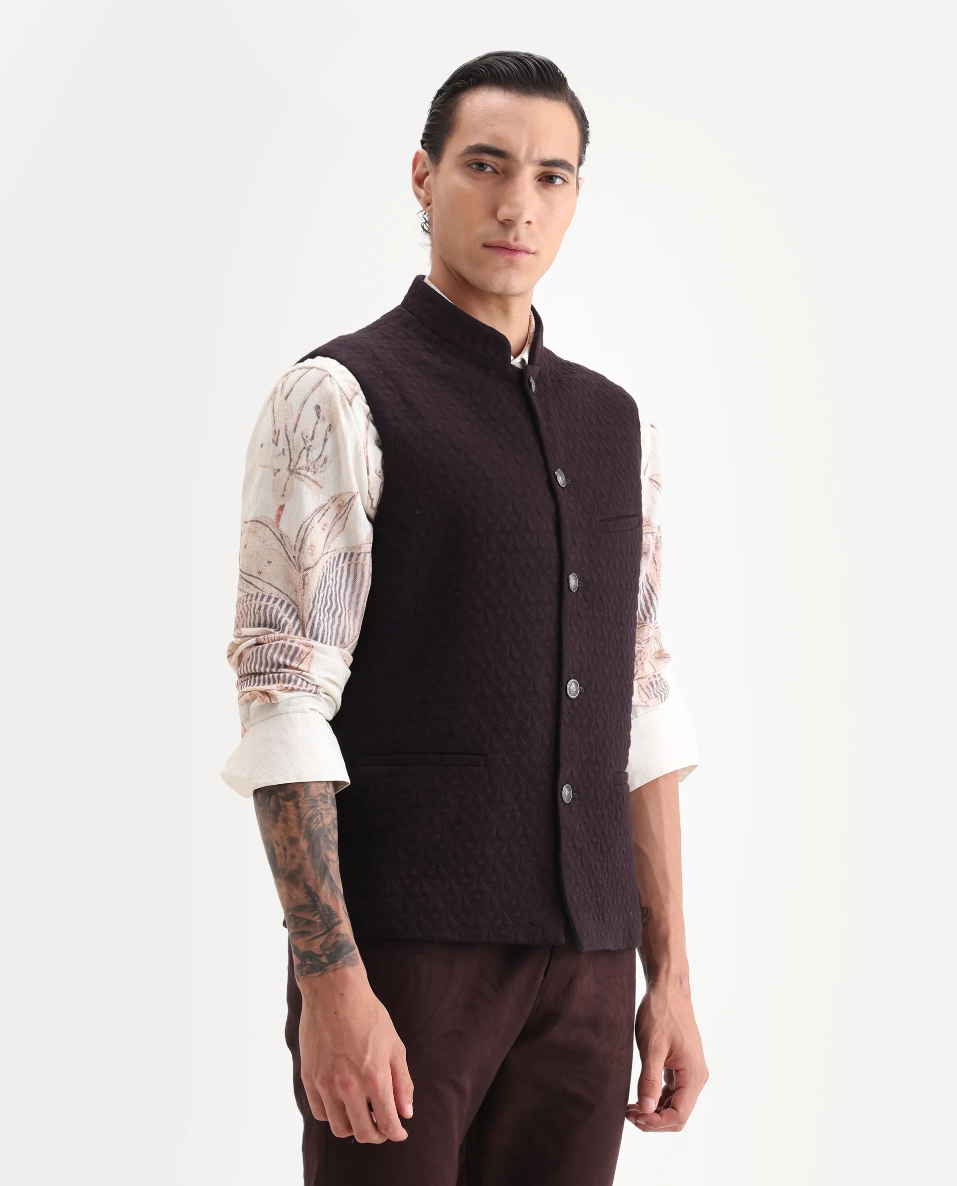 Rare Rabbit Men's Mitzi Dark Maroon Cotton Jacquard Tailored Fit Sleeveless Mandarin Collar Bandhgala