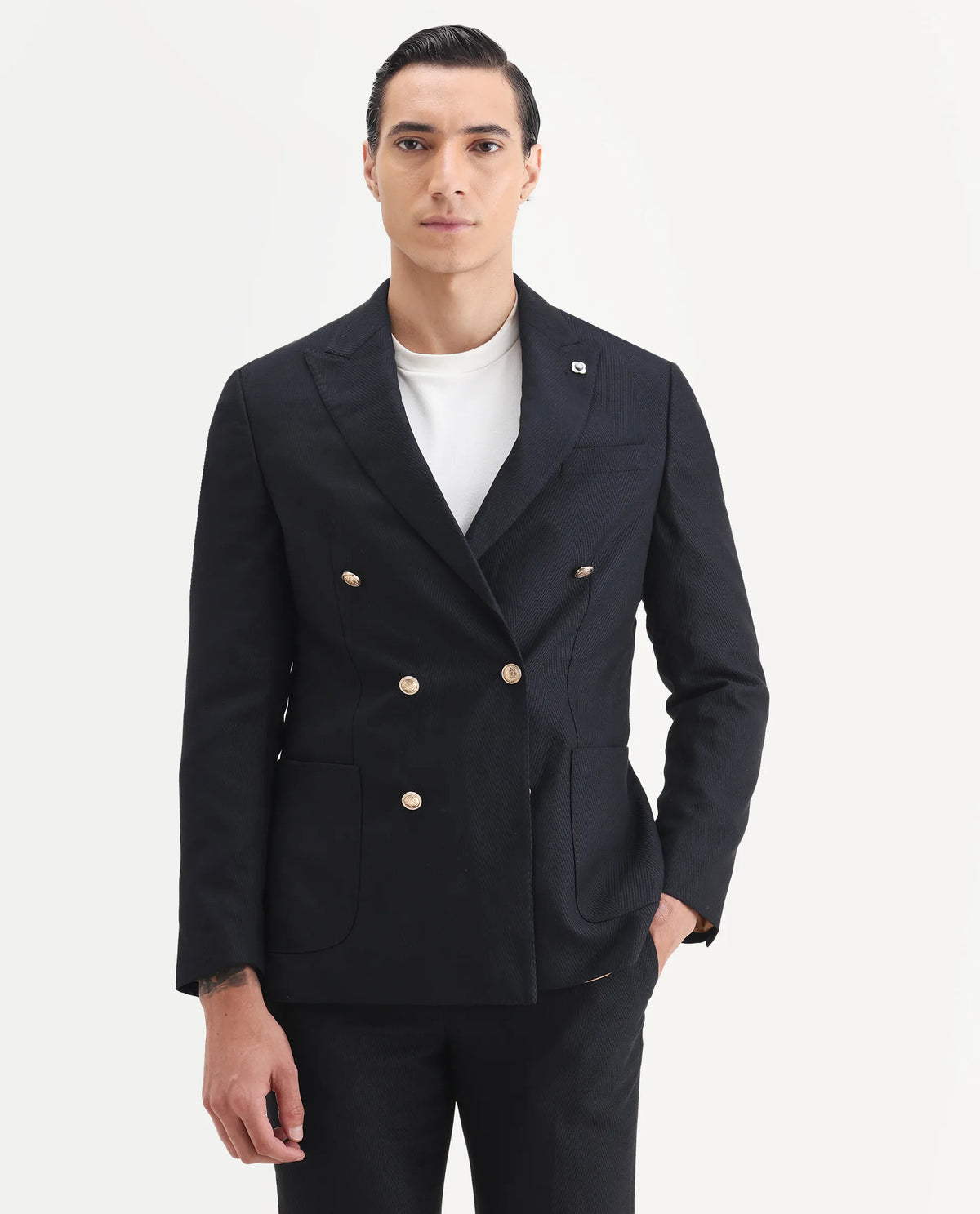 Rare Rabbit Men's Sierra Dark Navy Polyester Plain Tailored Fit Full Sleeve Lapel Neck Suits
