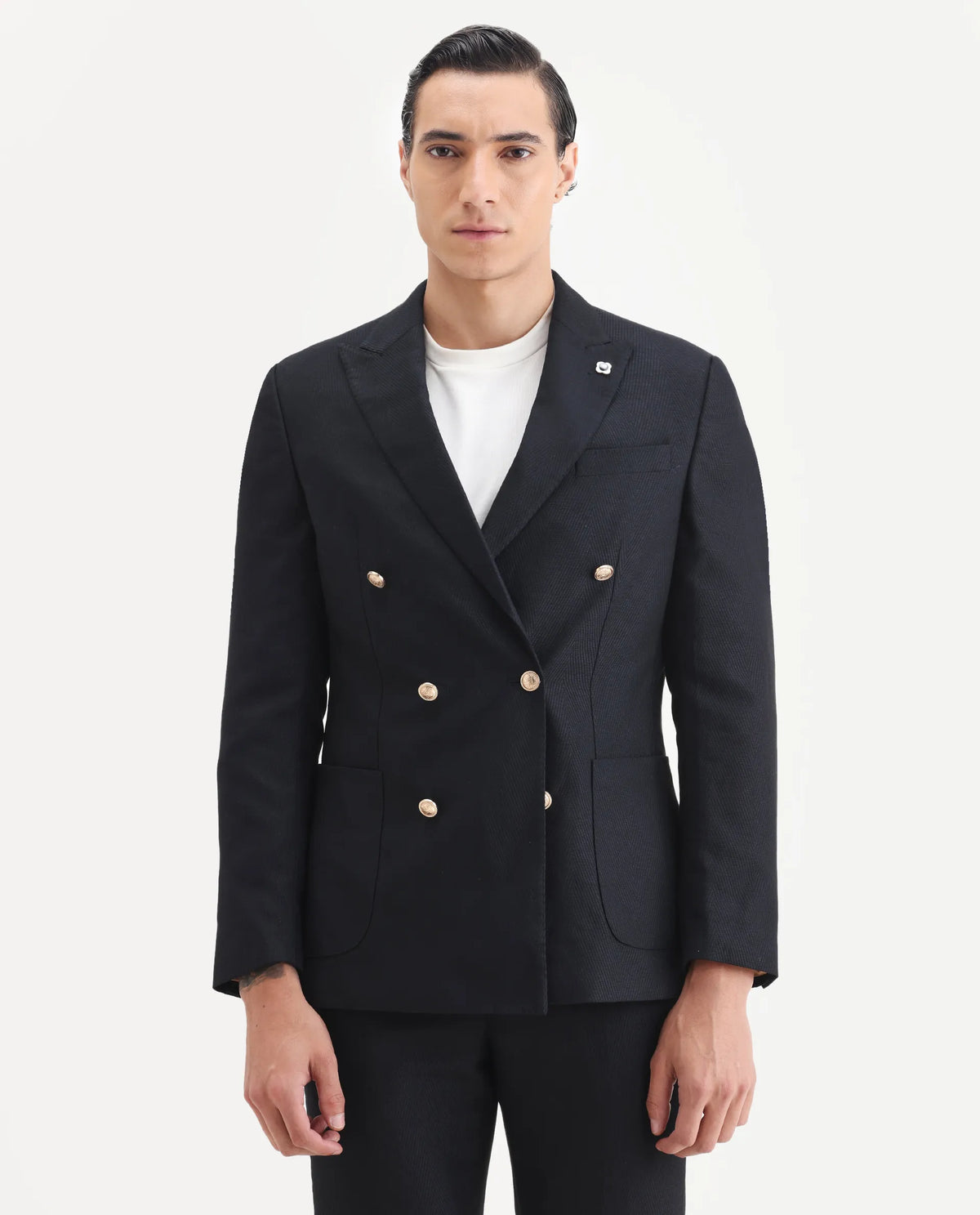 Rare Rabbit Men's Sierra Dark Navy Polyester Plain Tailored Fit Full Sleeve Lapel Neck Suits