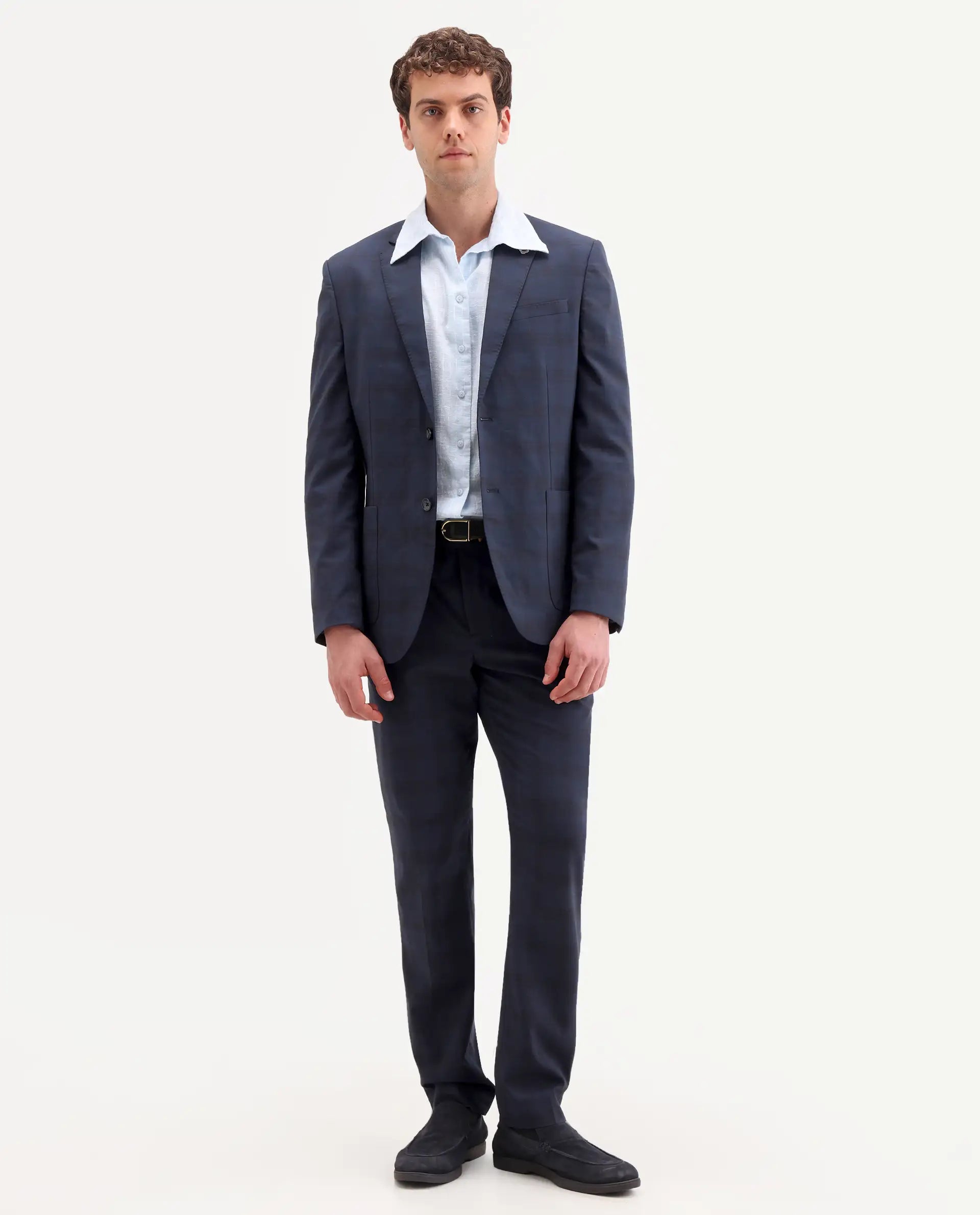 Rare Rabbit Men's Mack Dark Navy Polyester Checked Print Tailored Fit Full Sleeve Lapel Neck Suits