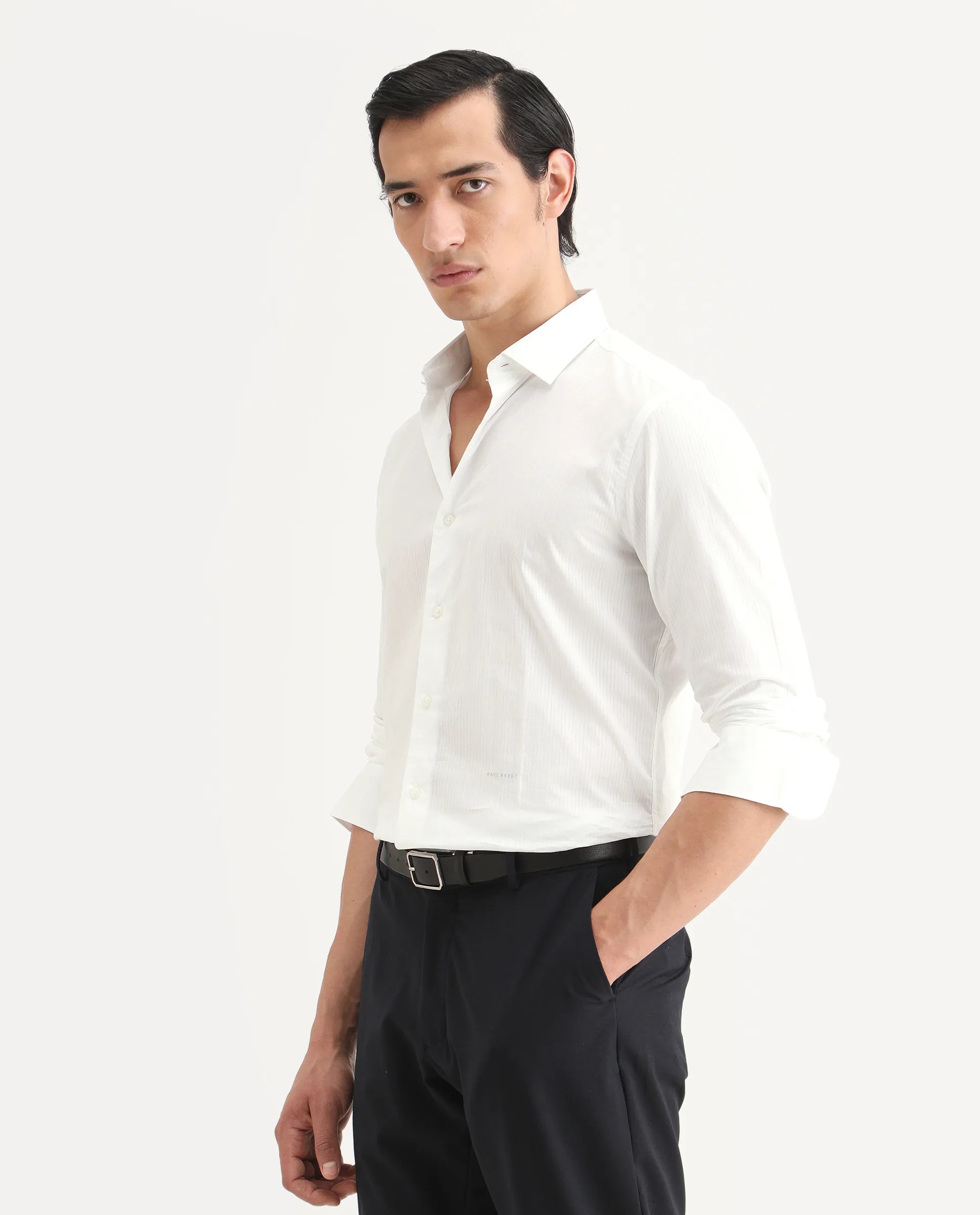 Rare Rabbit Men's Benzin White Cotton Striped Print Regular Fit Full Sleeve Collared Shirt