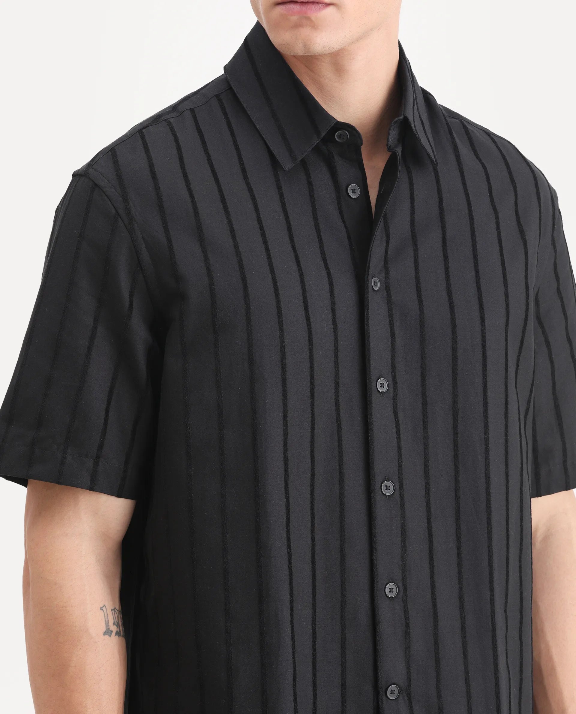 Rare Rabbit Men's Croy Black Polyester Striped Print Boxy Fit Half Sleeve Collared Shirt
