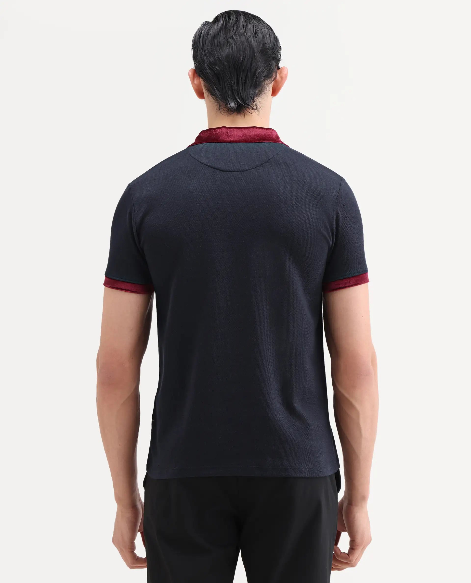 Rare Rabbit Men's Danil Navy Cotton Embroidered Regular Fit Half Sleeve Polo