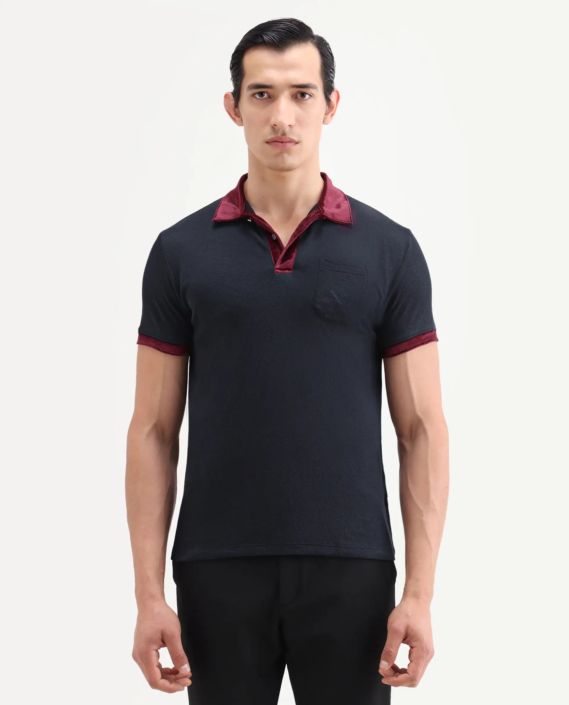 Rare Rabbit Men's Danil Navy Cotton Embroidered Regular Fit Half Sleeve Polo