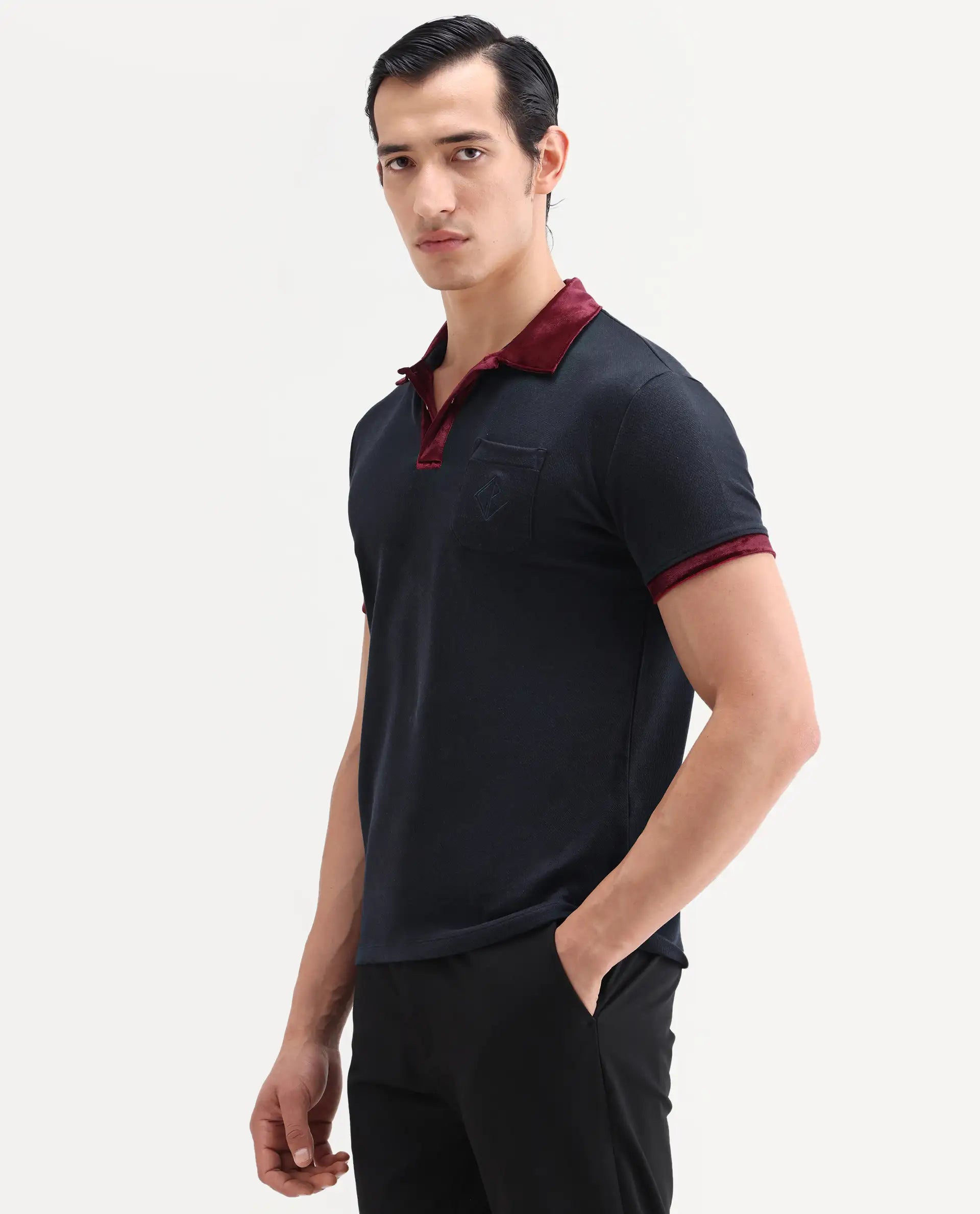 Rare Rabbit Men's Danil Navy Cotton Embroidered Regular Fit Half Sleeve Polo