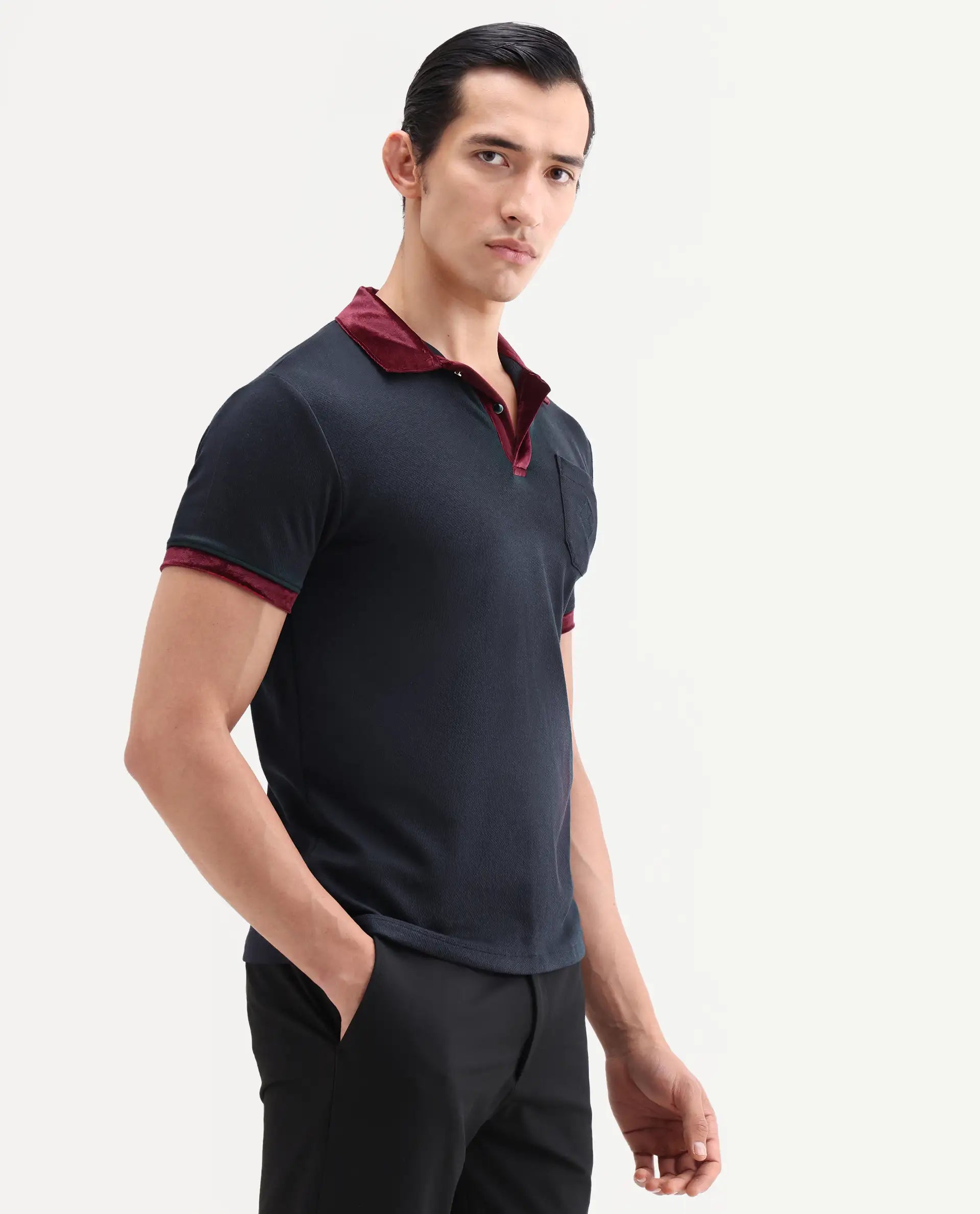 Rare Rabbit Men's Danil Navy Cotton Embroidered Regular Fit Half Sleeve Polo