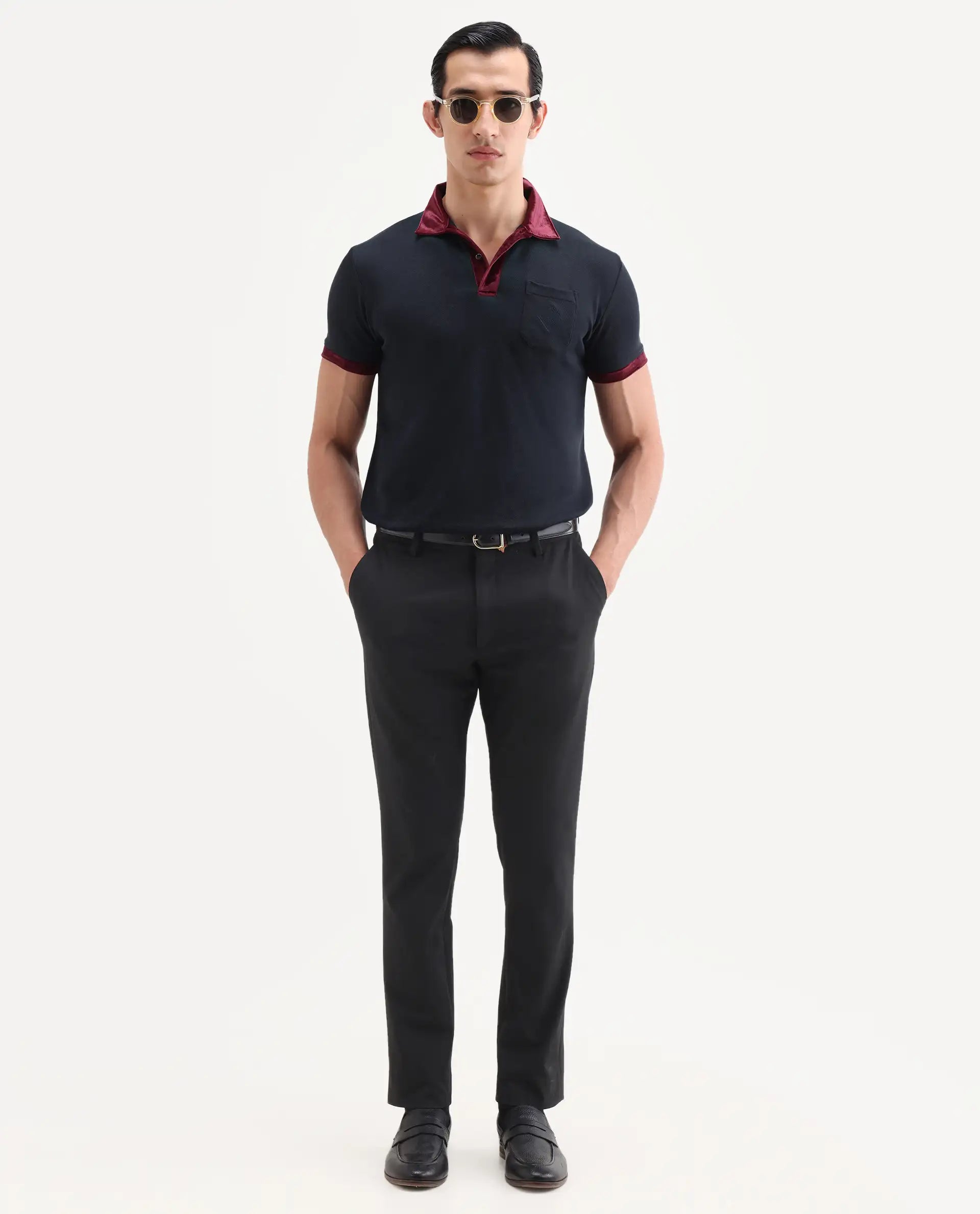 Rare Rabbit Men's Danil Navy Cotton Embroidered Regular Fit Half Sleeve Polo