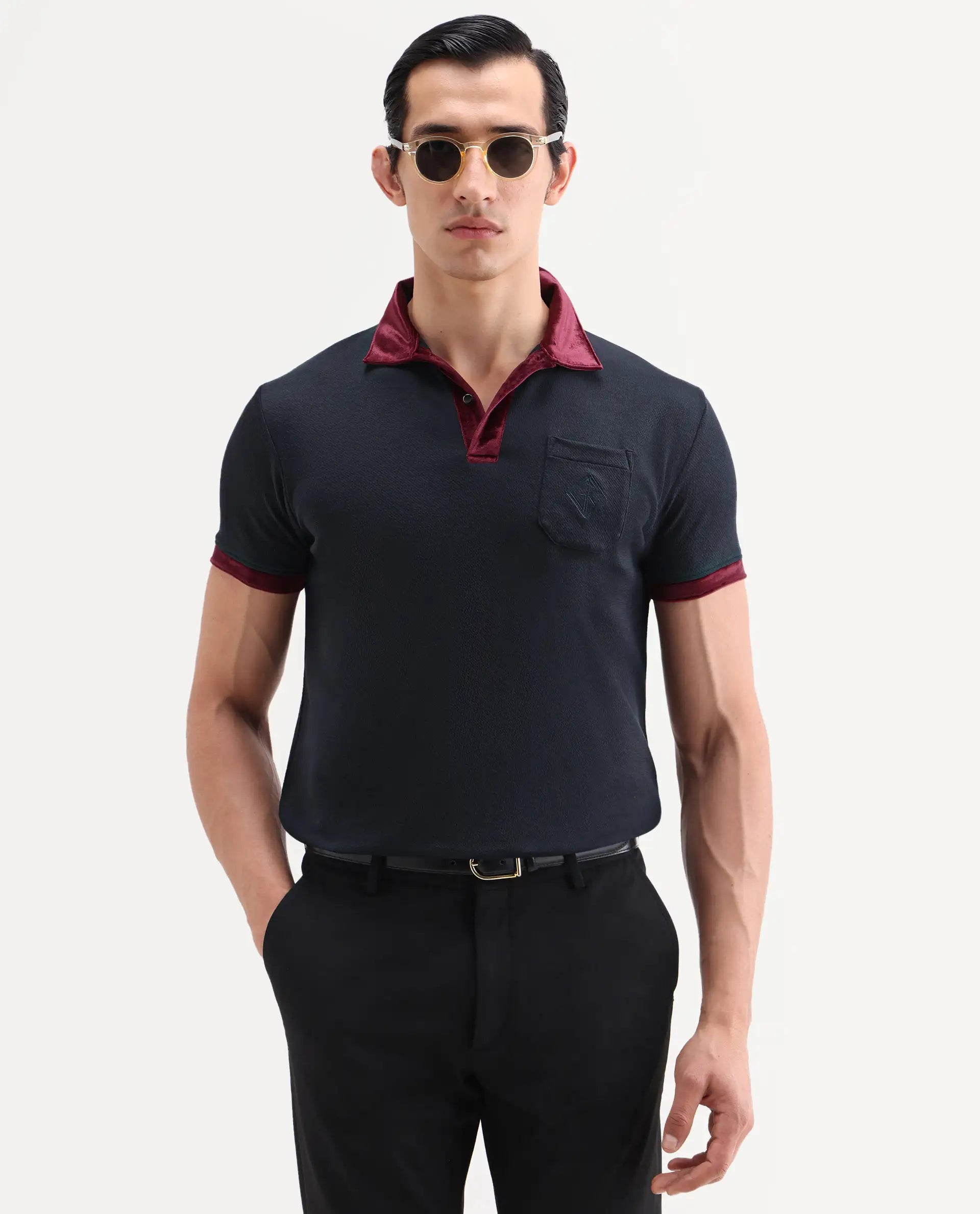 Rare Rabbit Men's Danil Navy Cotton Embroidered Regular Fit Half Sleeve Polo