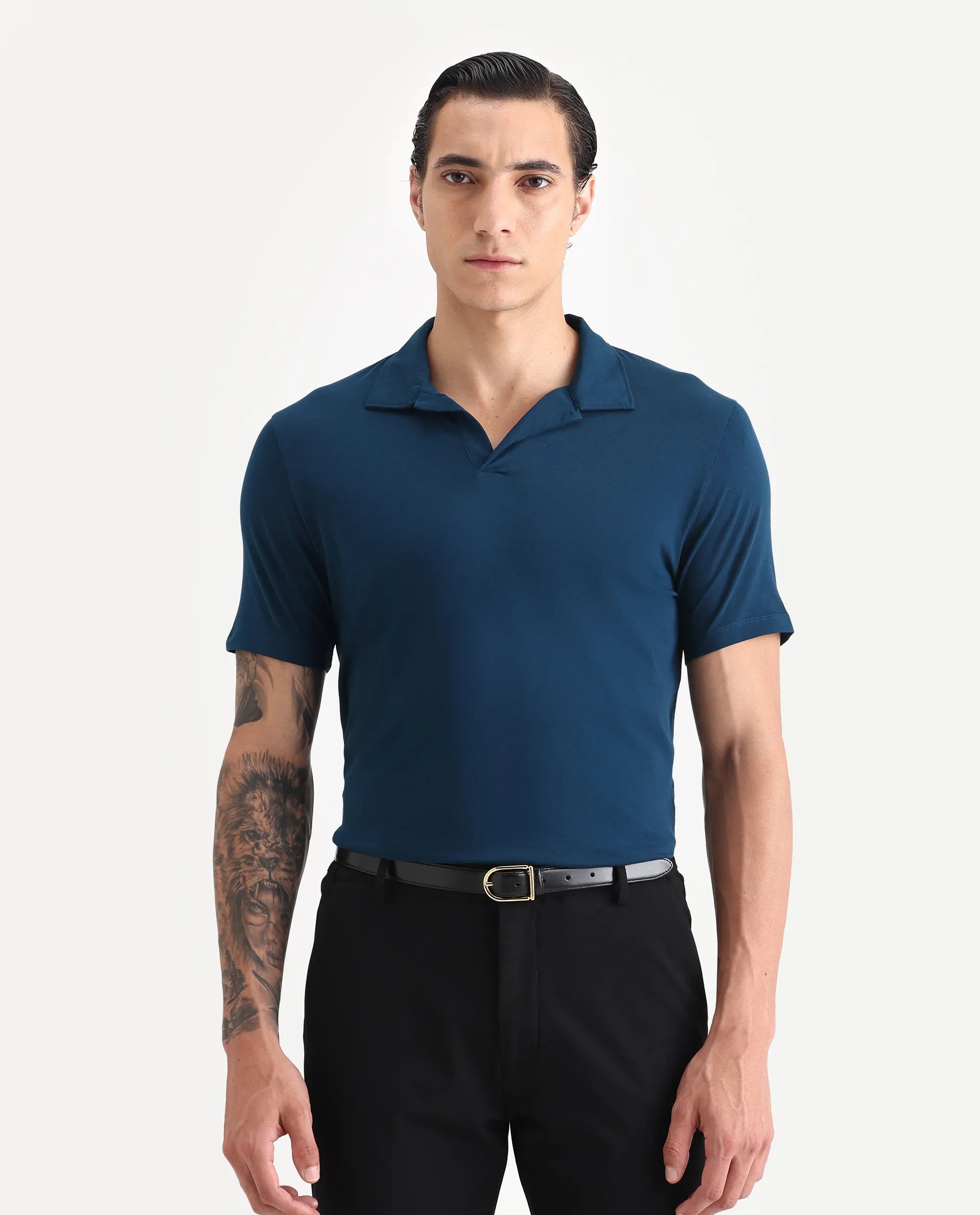 Rare Rabbit Men's Krib-1 Petrol Cotton Plain Regular Fit Half Sleeve Polo