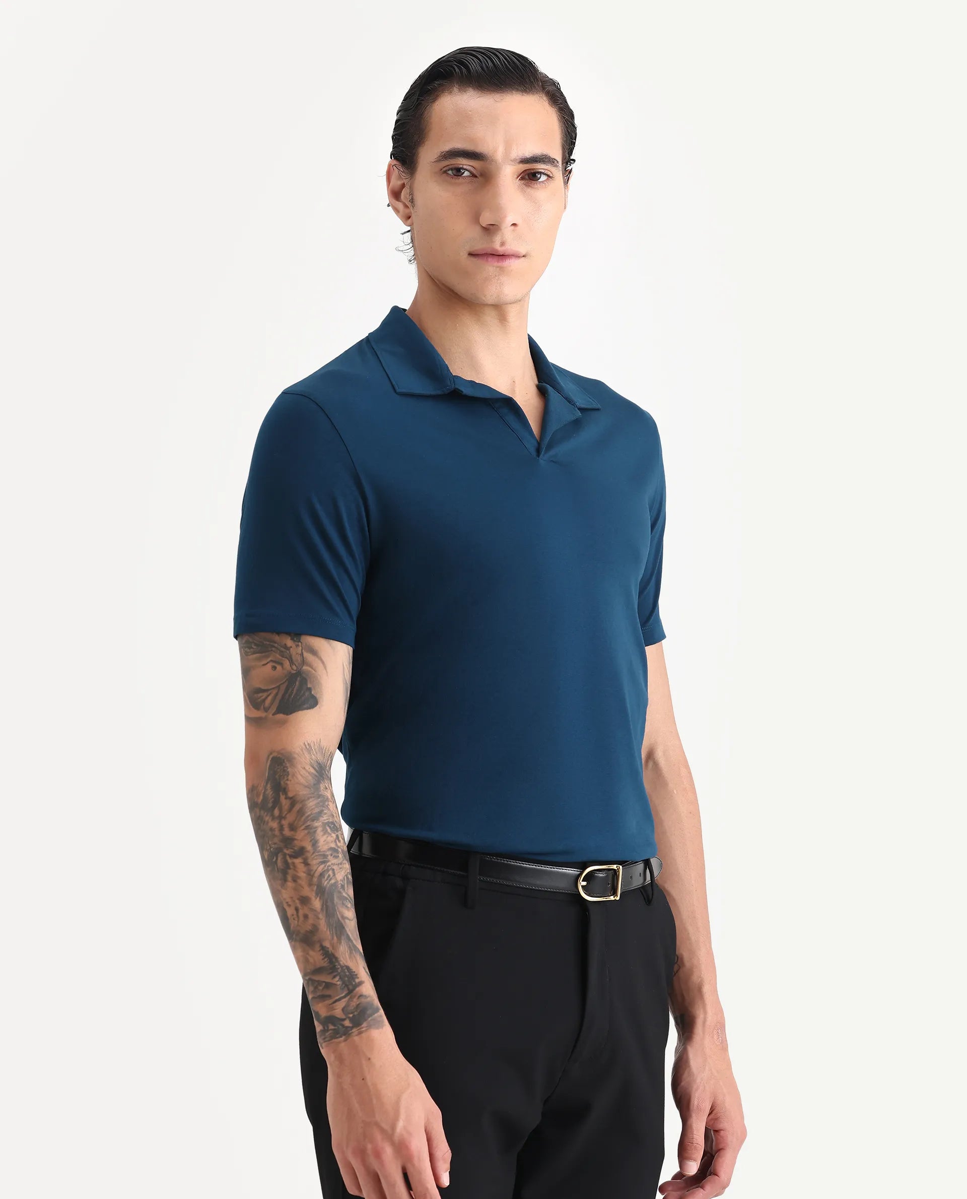 Rare Rabbit Men's Krib-1 Petrol Cotton Plain Regular Fit Half Sleeve Polo